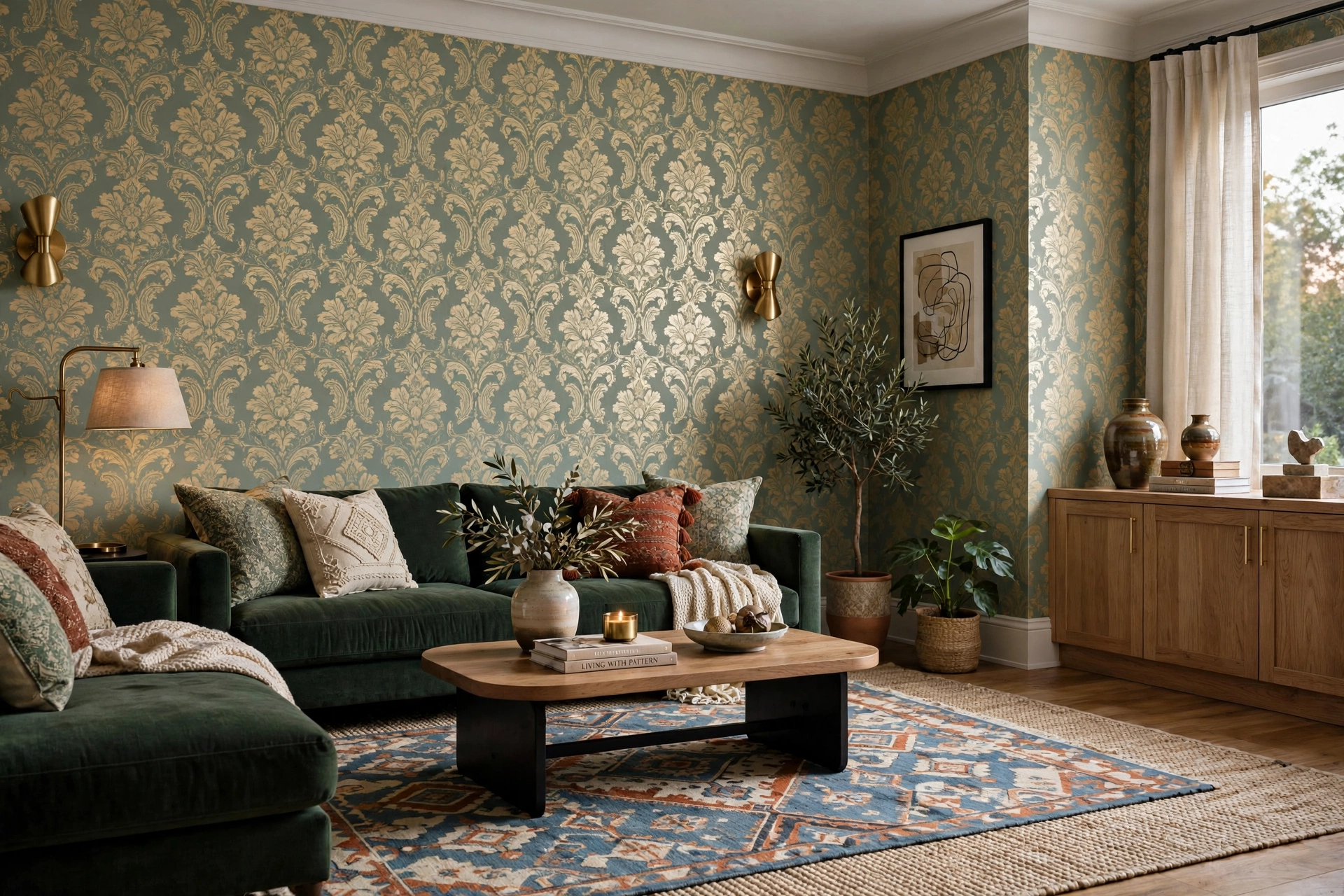 Patterned wallpaper layered with a patterned rug in a designer living room
