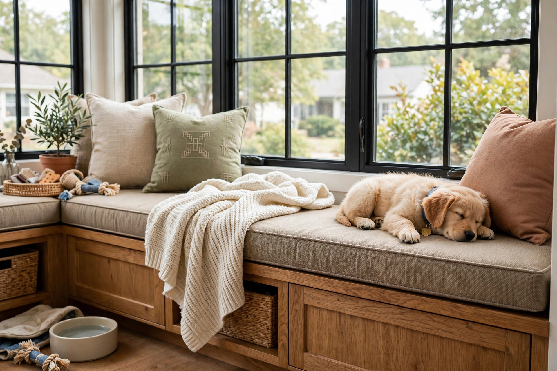 Pet-friendly window seat with durable performance fabric cushion and washable throw