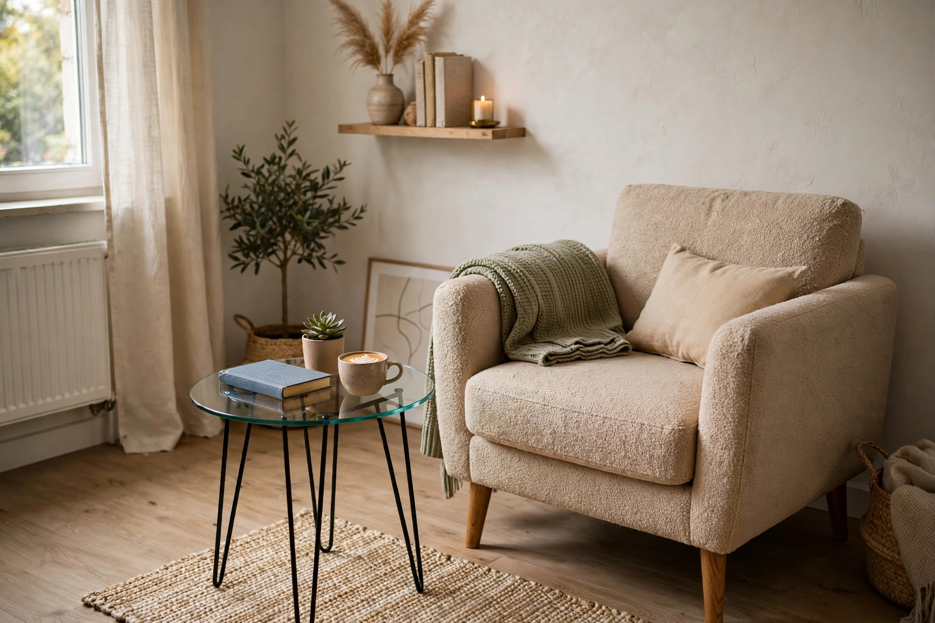 Compact round glass side table in a small living room beside an armchair
