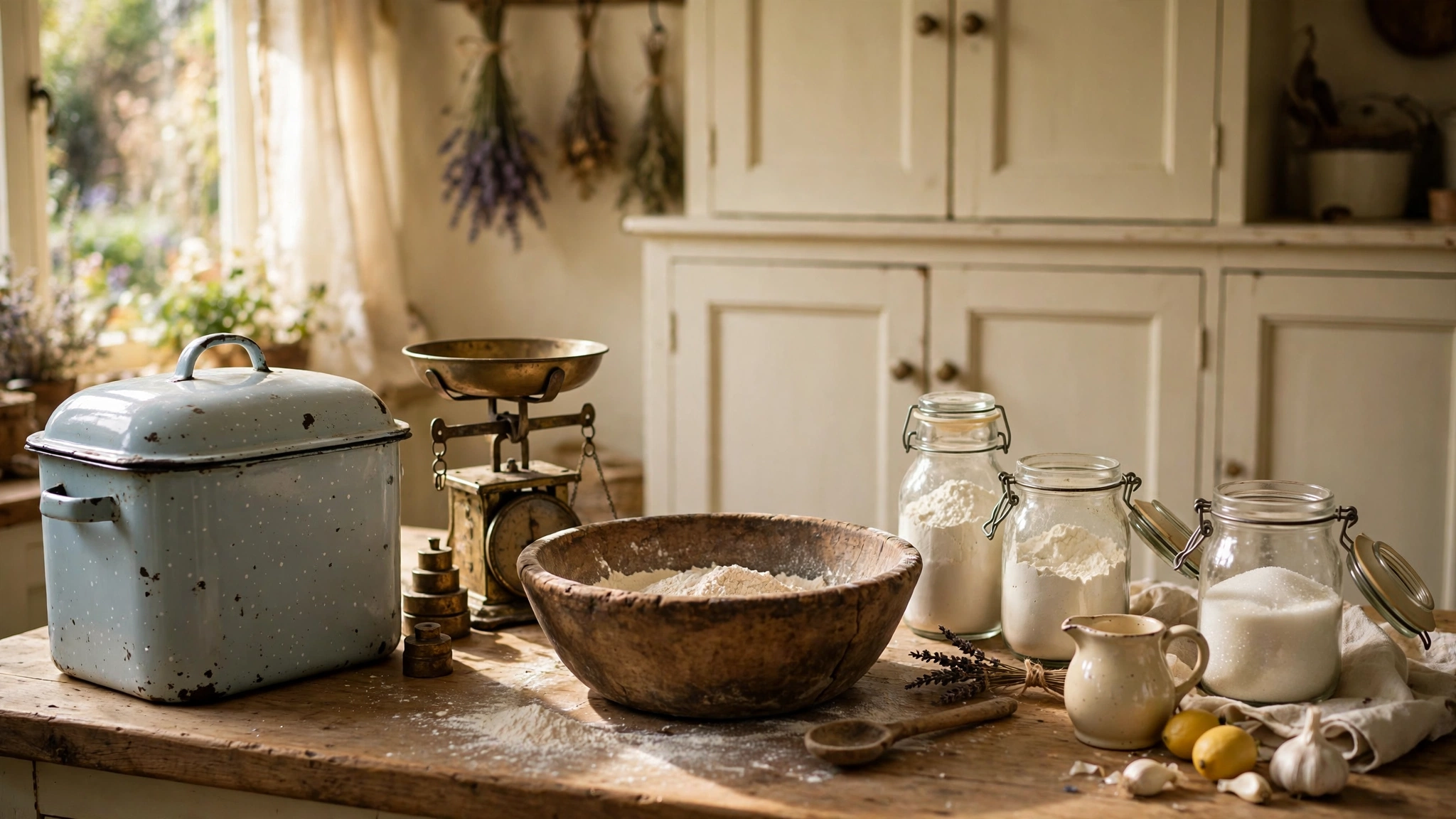 Vintage kitchen finds — enamel bread bin, brass scales, dough bowl — on a cottage counter