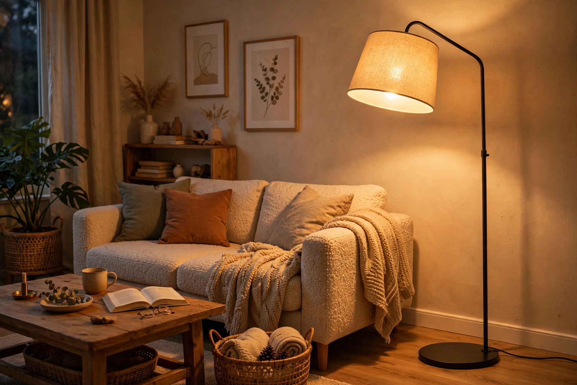 Warm 2700K glowing floor lamp creating cozy living room ambiance