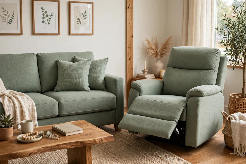 Recliner in a coordinating color placed beside a matching living room sofa