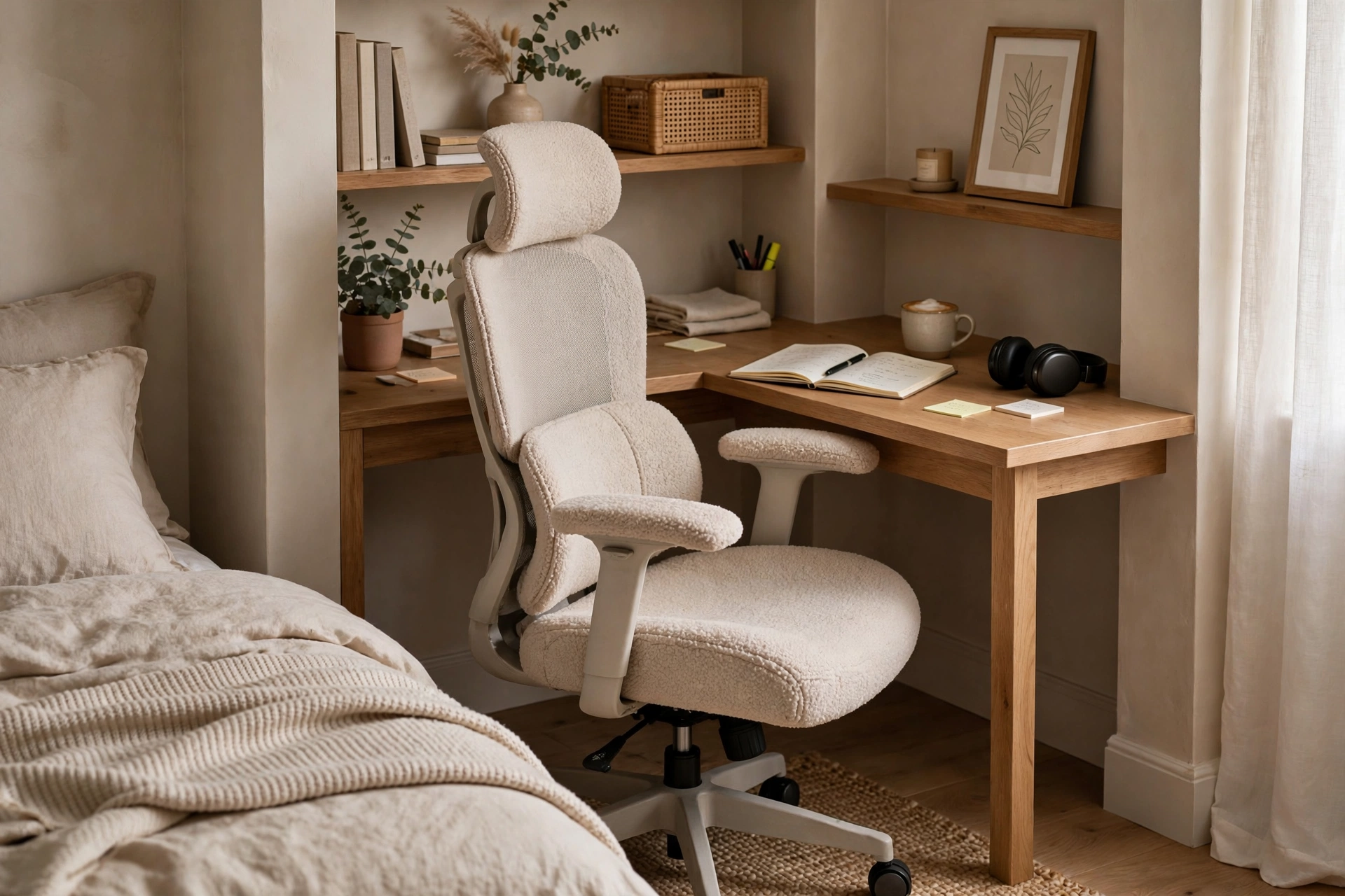 Comfortable ergonomic desk chair in soft fabric tucked into a bedroom desk nook