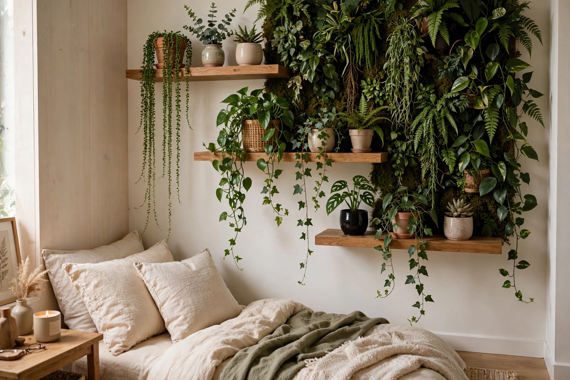 Small bedroom plant wall with potted plants and trailing vines on floating shelves