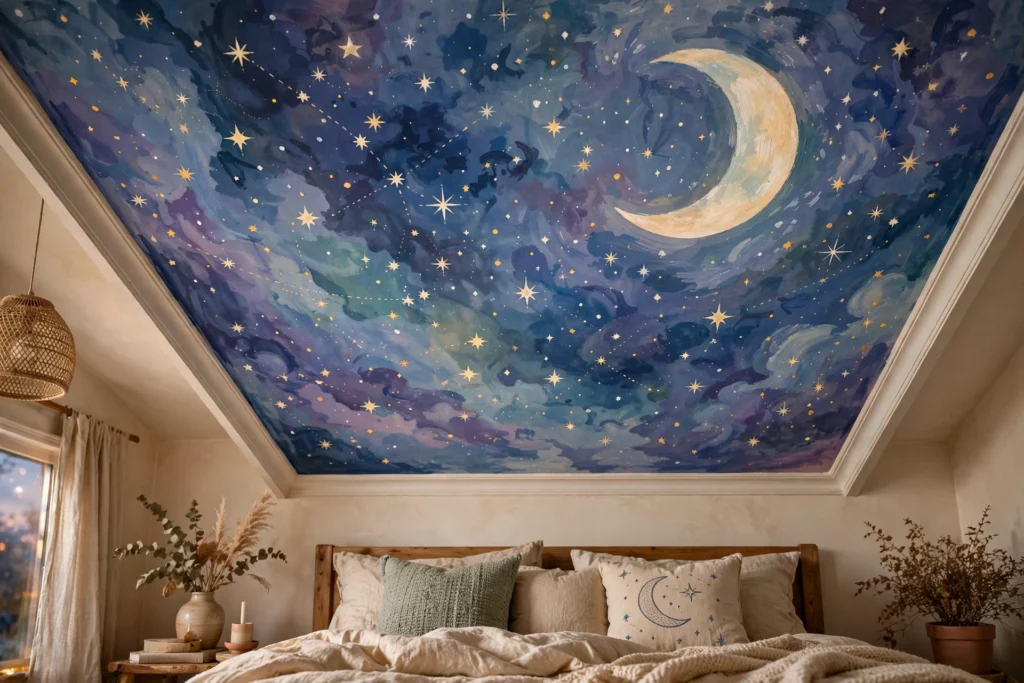 Bedroom ceiling hand-painted with a dreamy night sky mural of stars and a moon