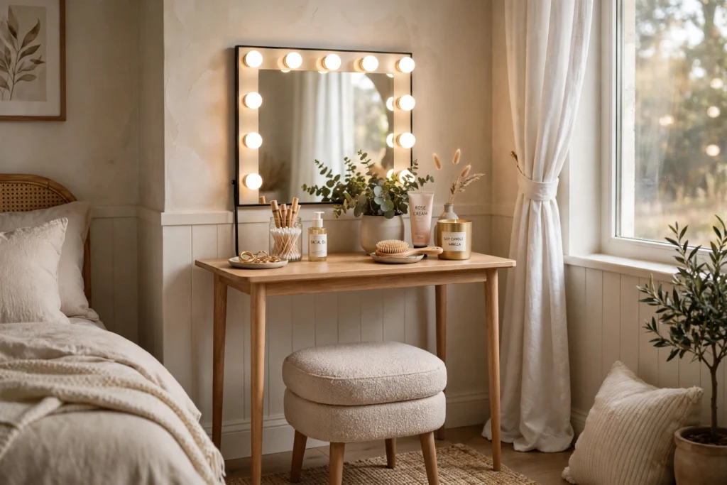 Cozy bedroom vanity corner with a slim console table, stool, and lighted mirror near a window