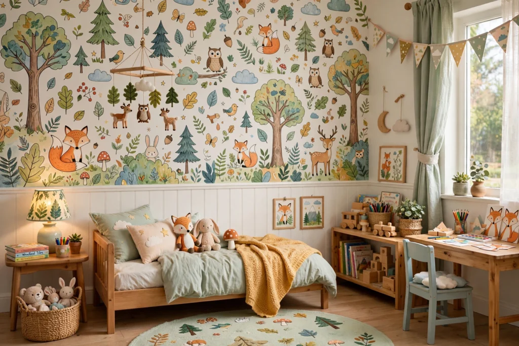 Cheerful kids bedroom with whimsical illustrated forest wallpaper