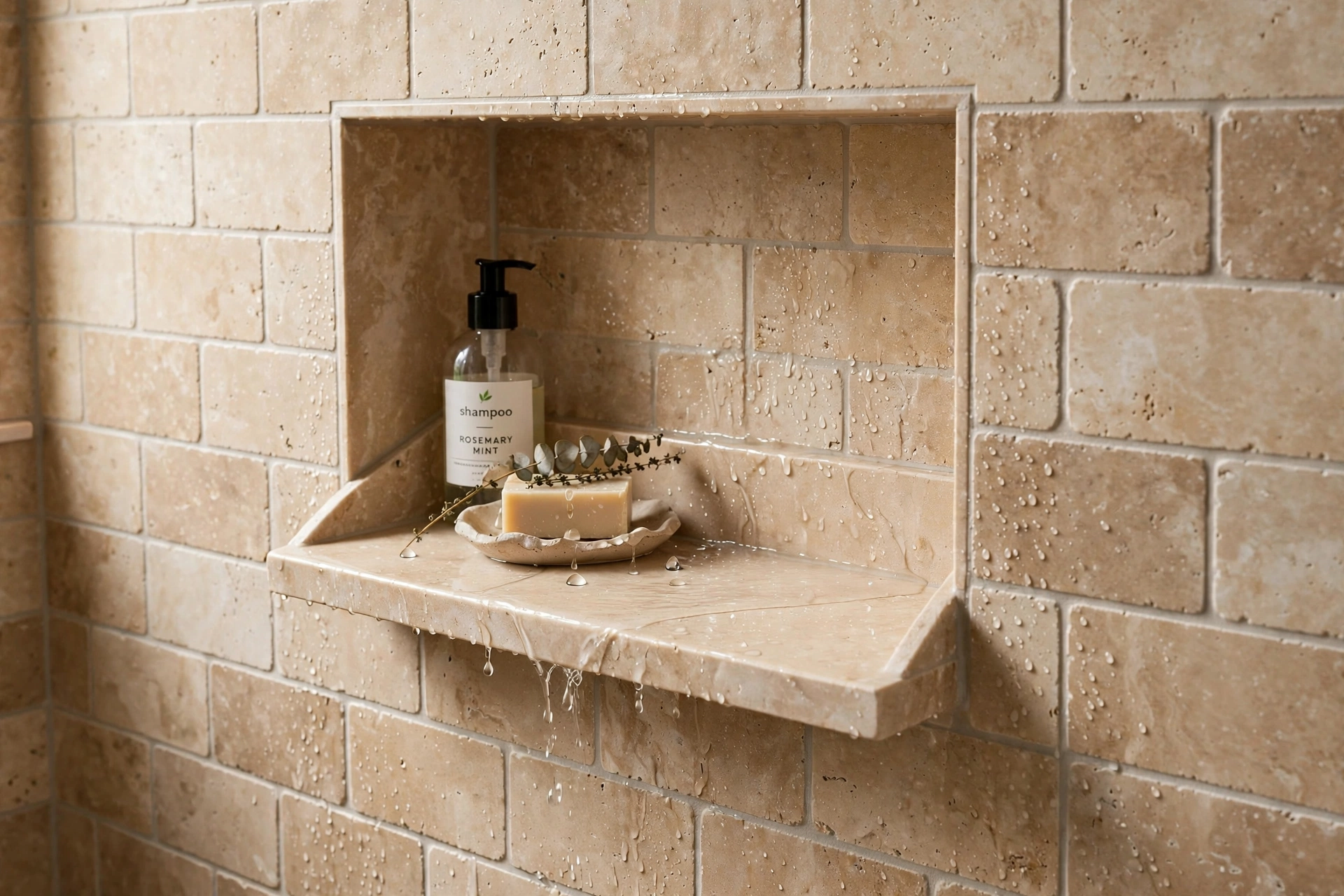 Shower niche shelf with a slight forward slope for water drainage