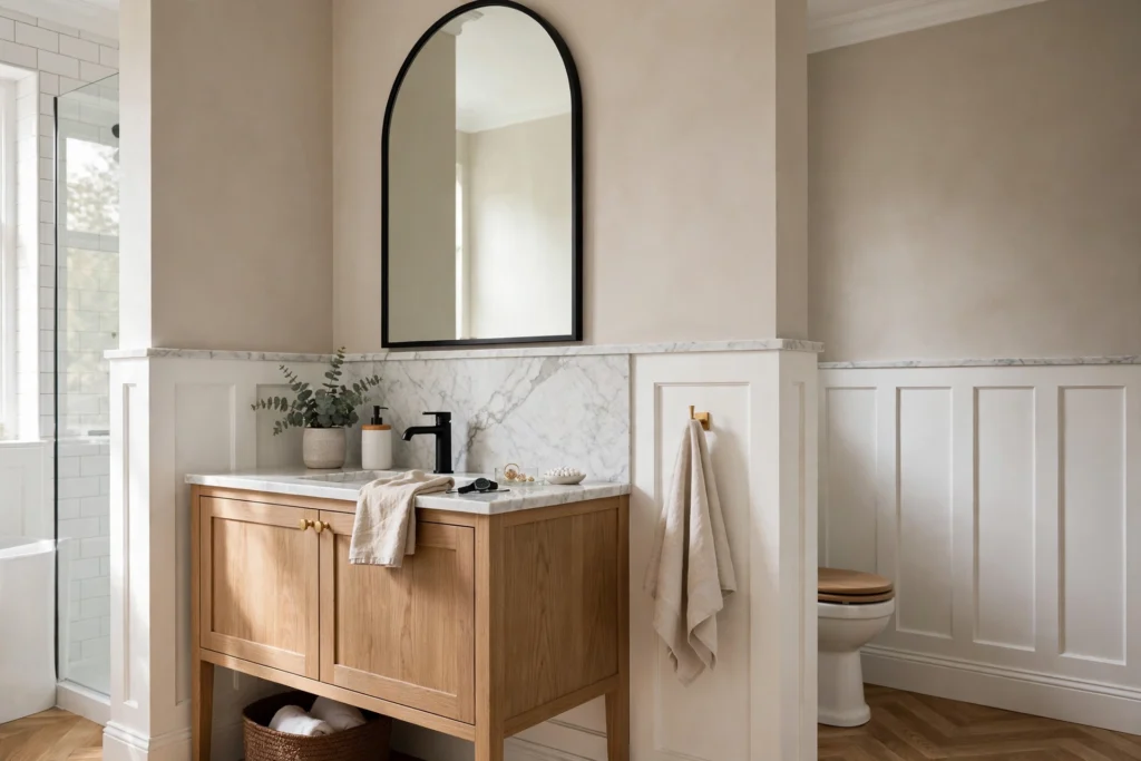Bathroom wainscoting height aligned with the vanity backsplash line