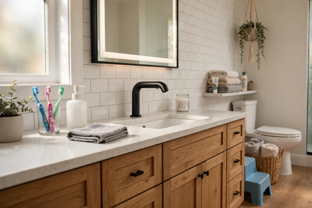 Sleek touchless faucet with a discreet sensor in a family bathroom