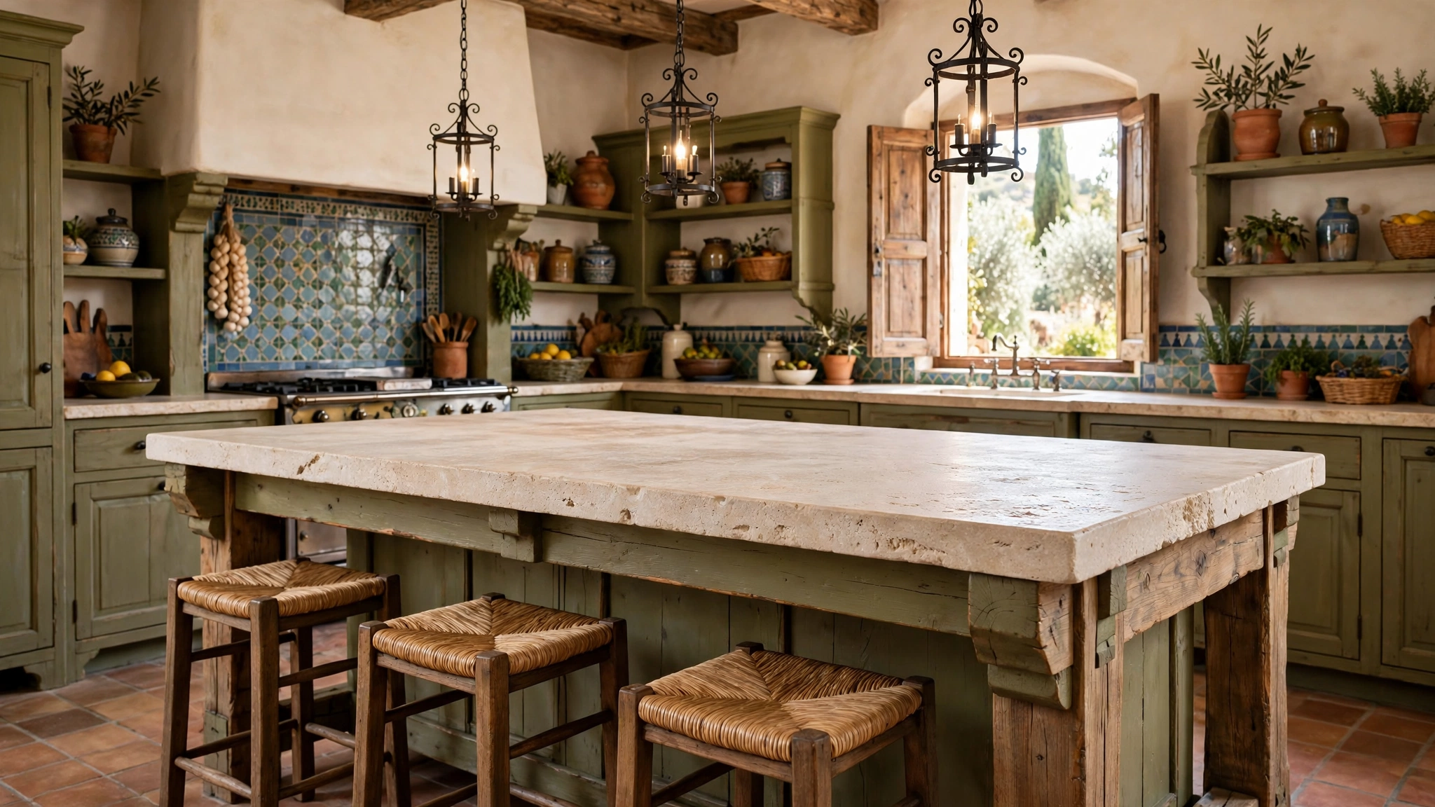 Rustic wood kitchen island with travertine top in a Mediterranean kitchen