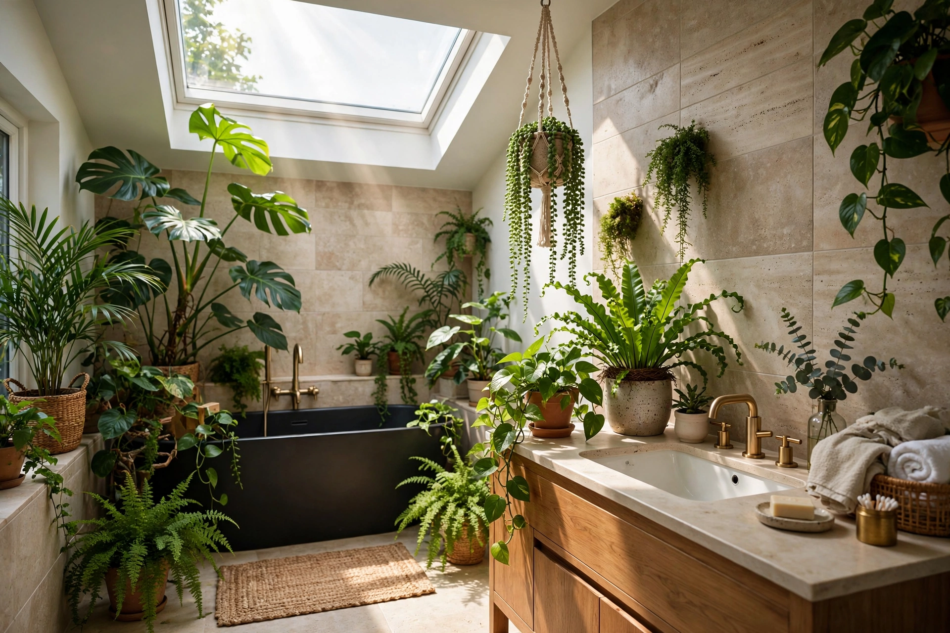 Lush bathroom plants thriving in daylight beneath a skylight