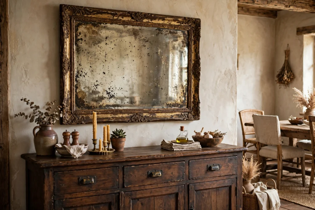 Antiqued foxed mirror above a dark wood sideboard in a rustic dining room