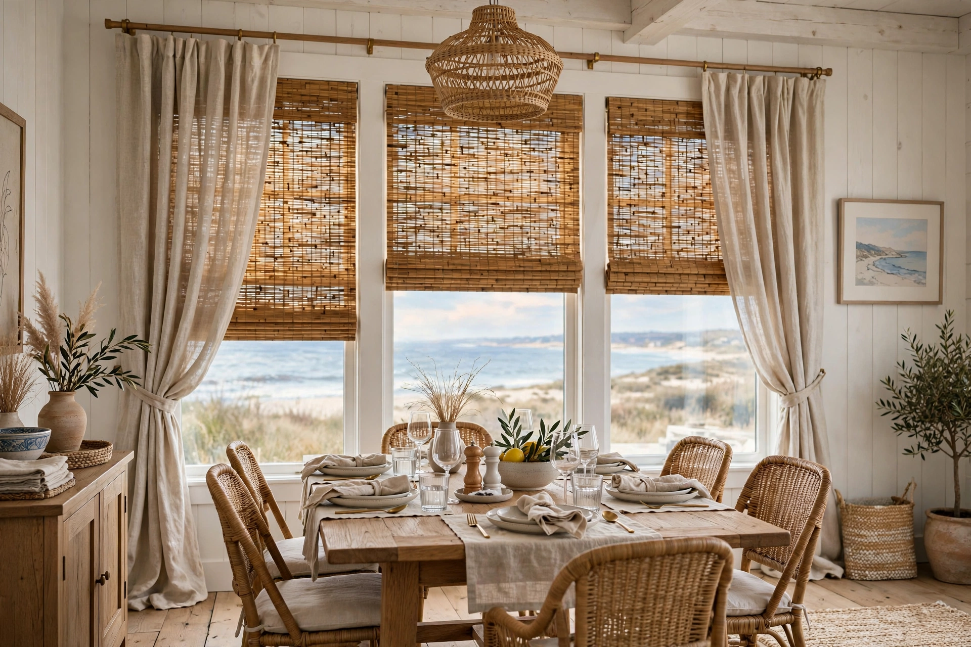 Natural woven shades layered with linen curtains in a coastal dining room