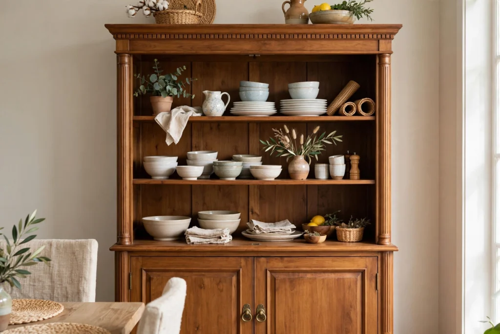 China cabinet with glass doors removed for airy open shelf styling