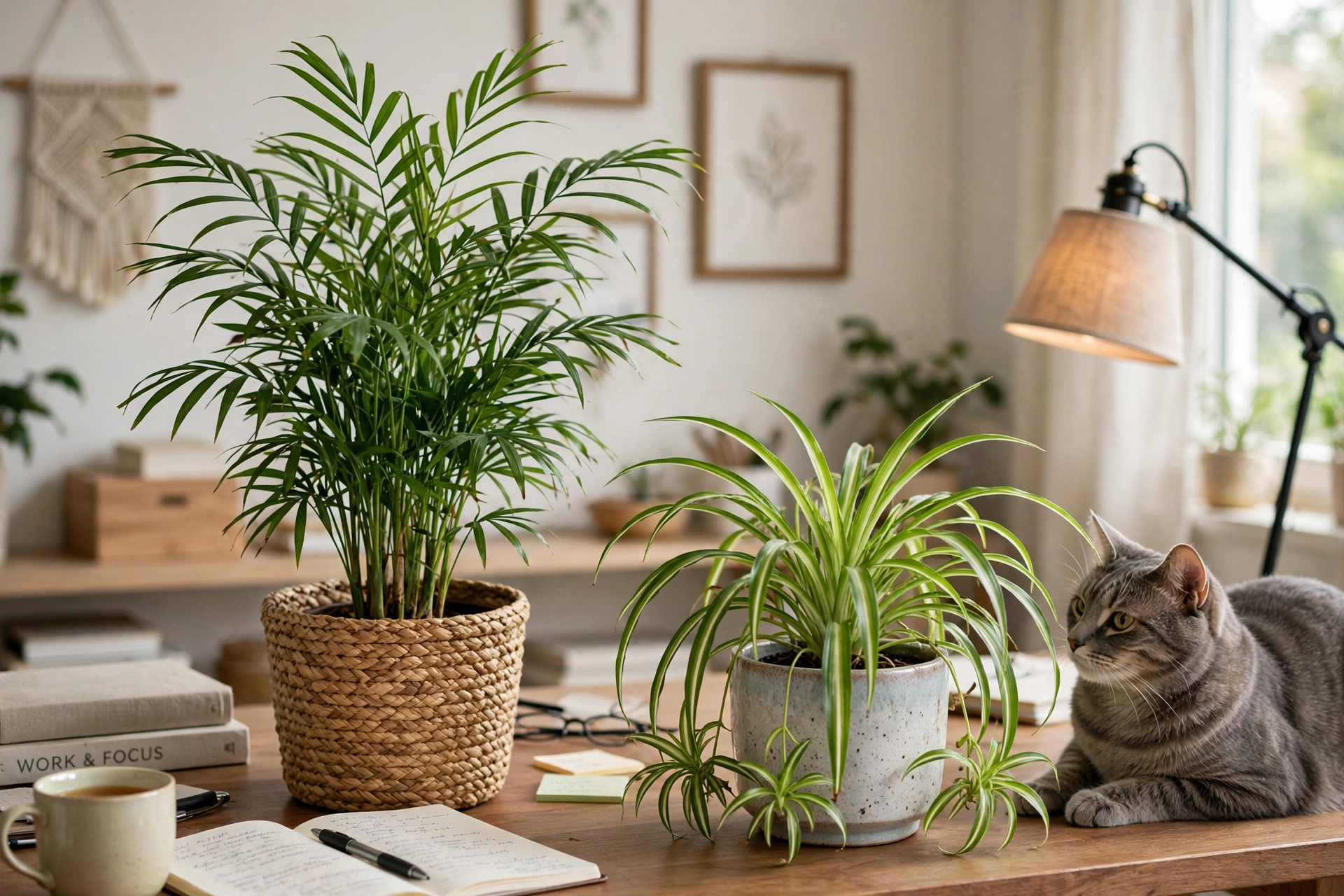 Pet-safe parlor palm and spider plant in a home office with a cat nearby