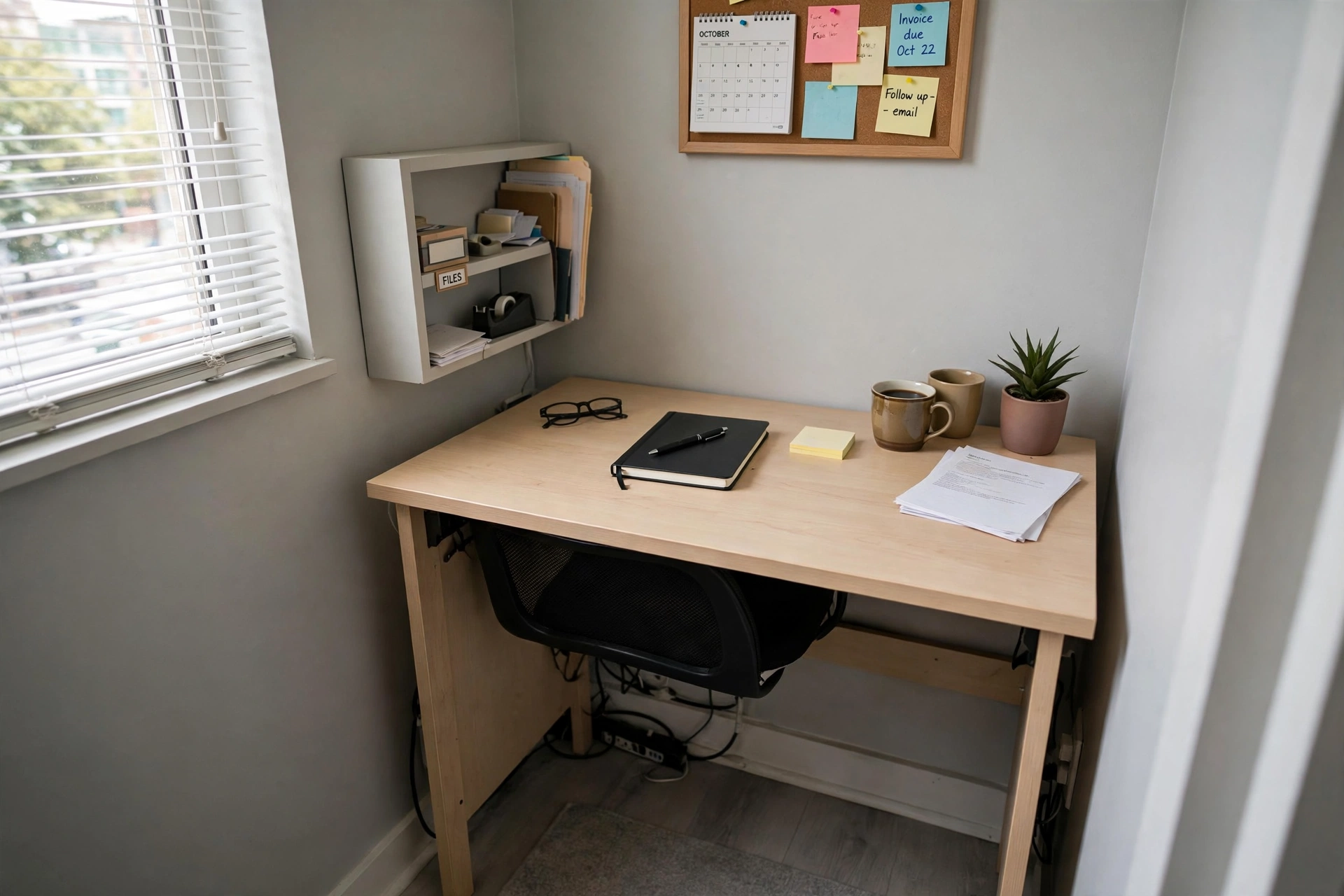 Compact armless task chair tucked under a desk in a small office