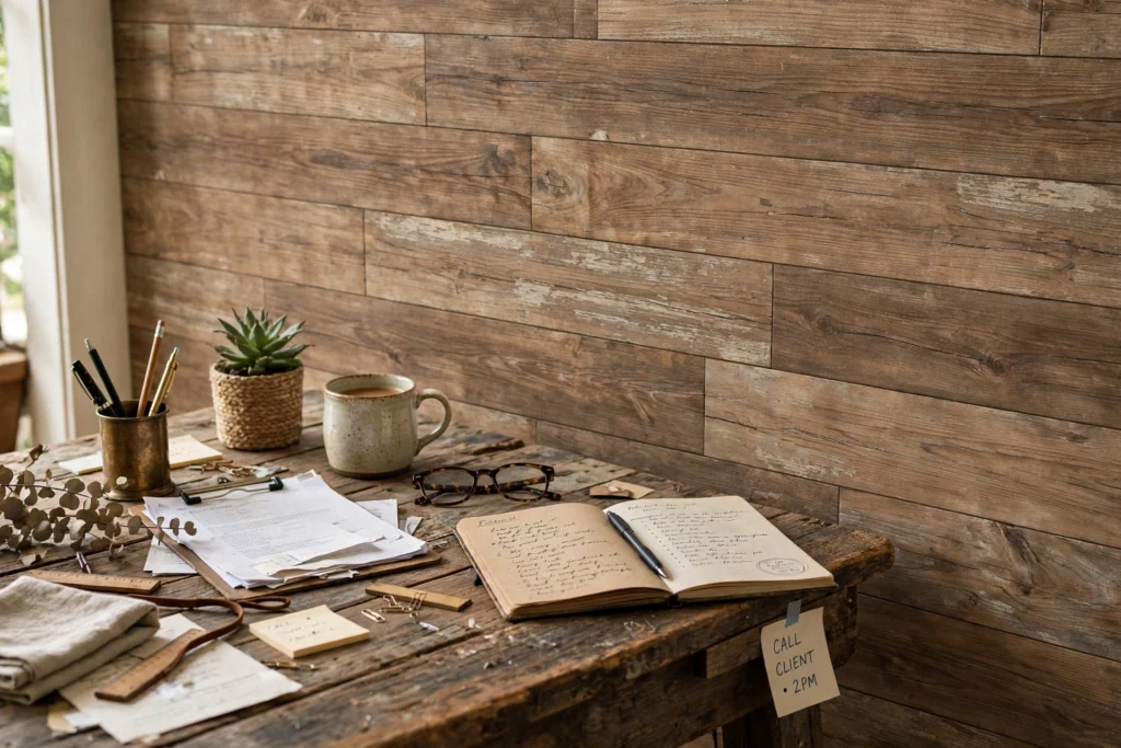 Faux wood-grain wallpaper planks behind a rustic home office desk