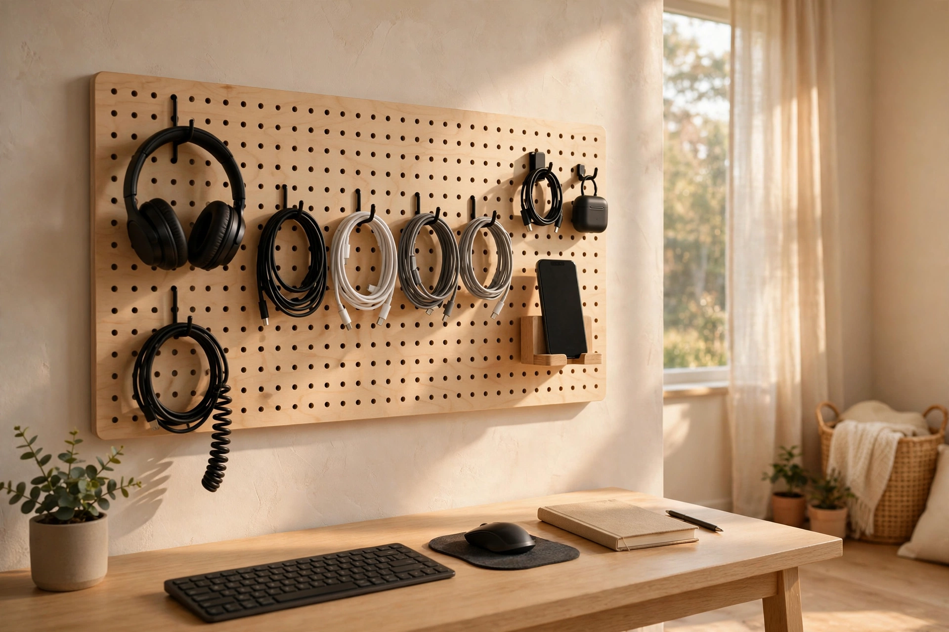 Home office pegboard tech row with coiled cables headphone hooks and a phone holder