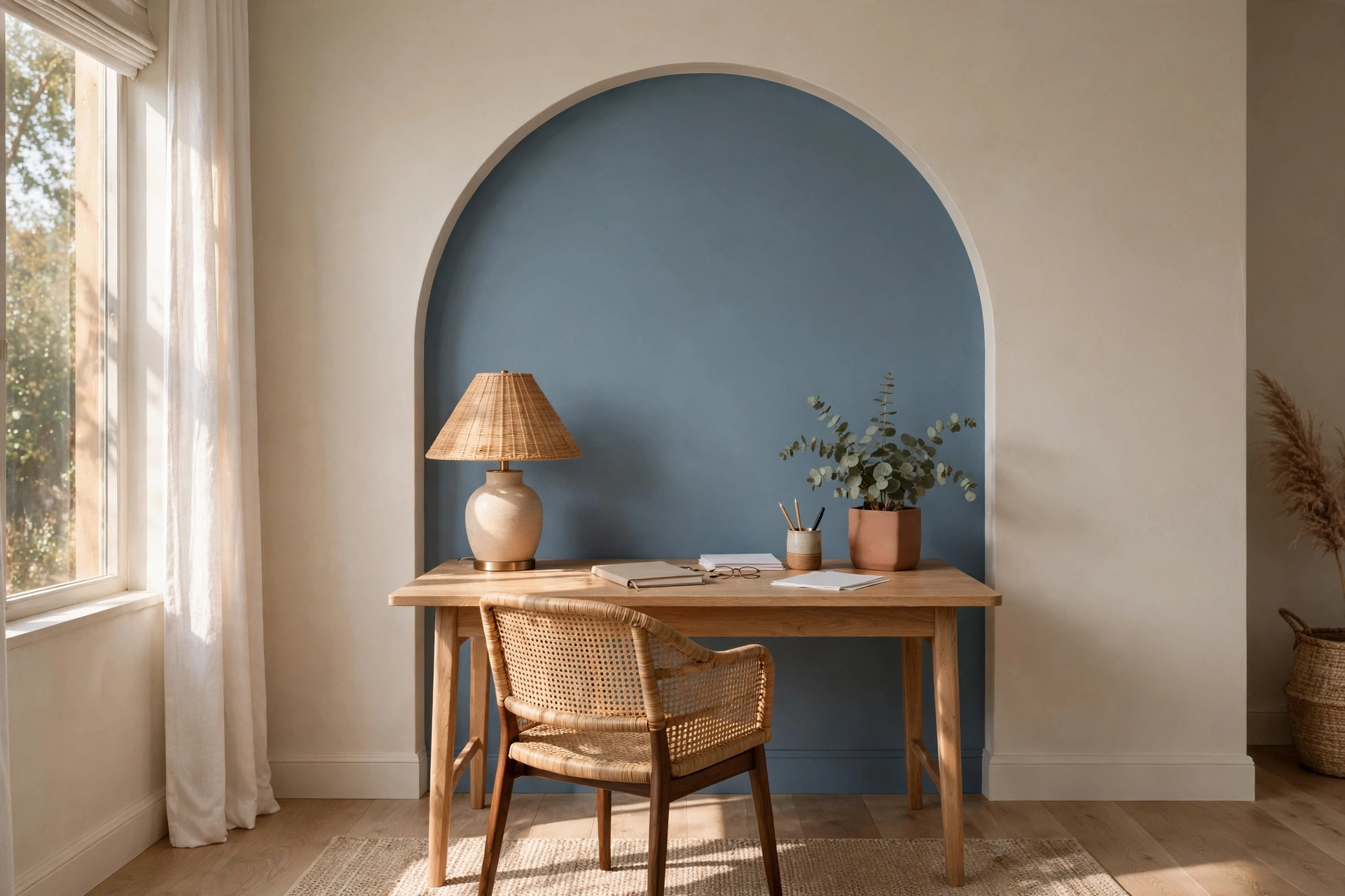 Home office with a dusty blue painted arch behind the desk on a neutral wall