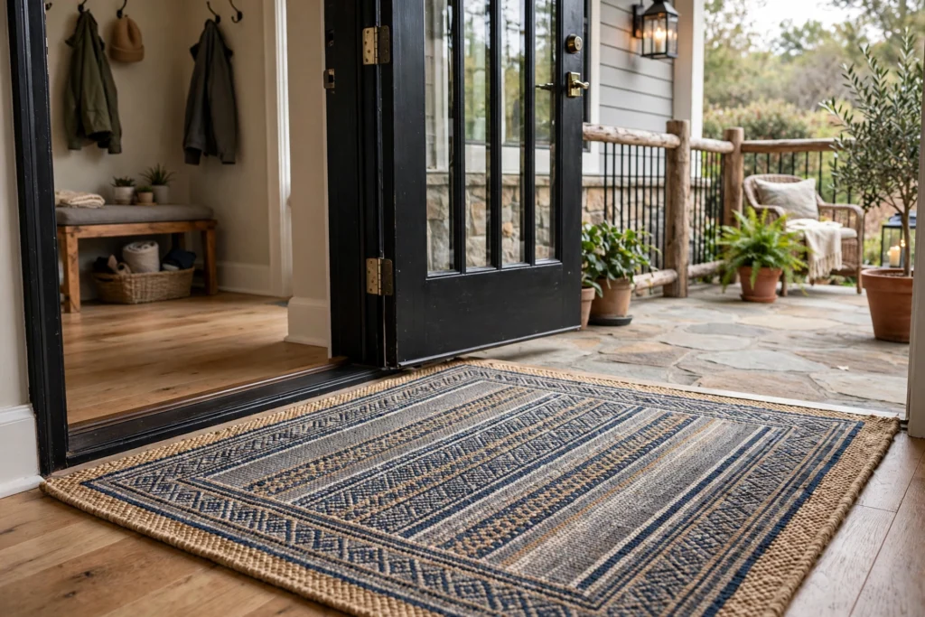 Durable indoor outdoor rug at a front door opening to a porch