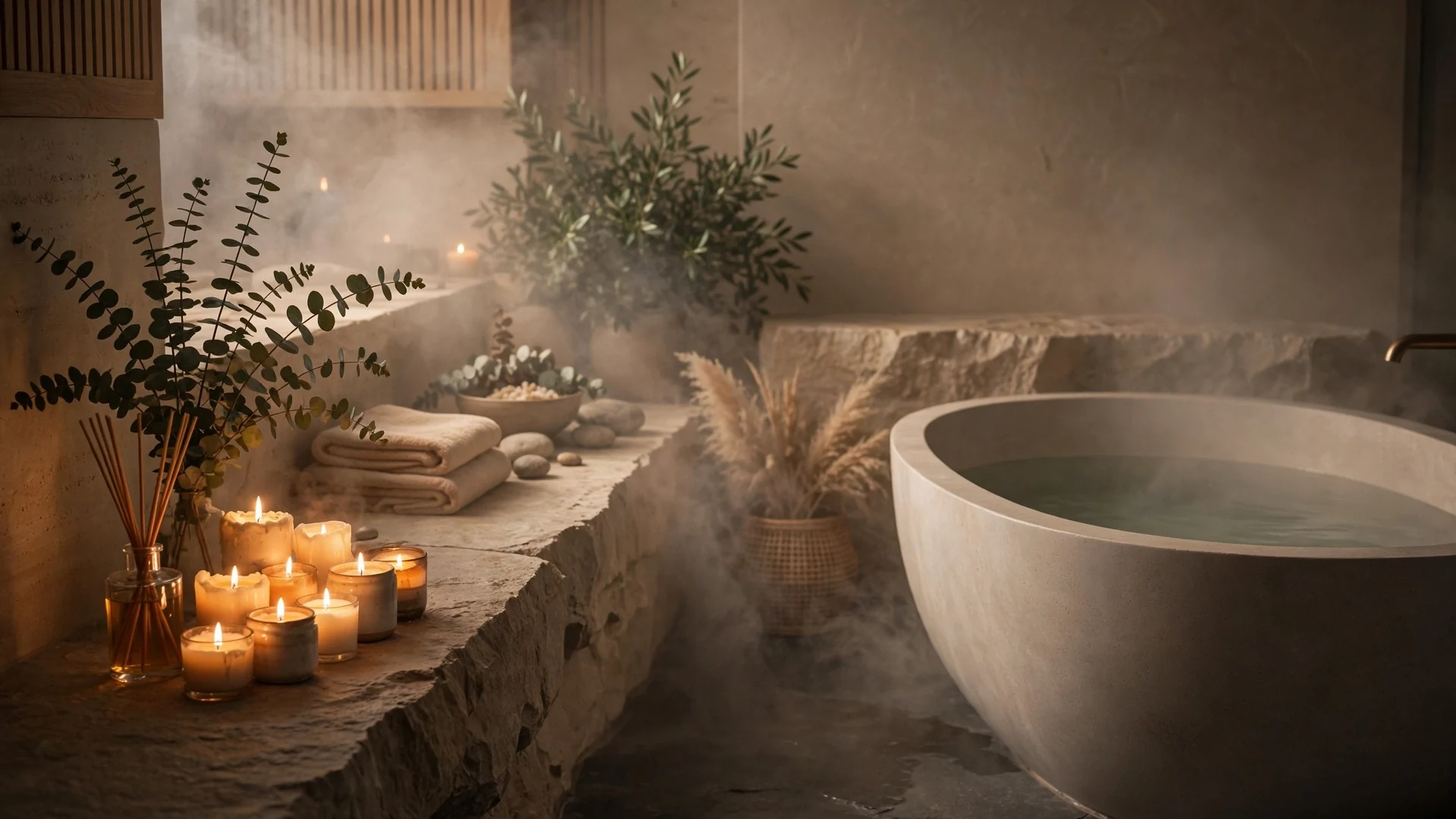 Lit candles and reed diffuser creating a calming scent layer in a spa bath