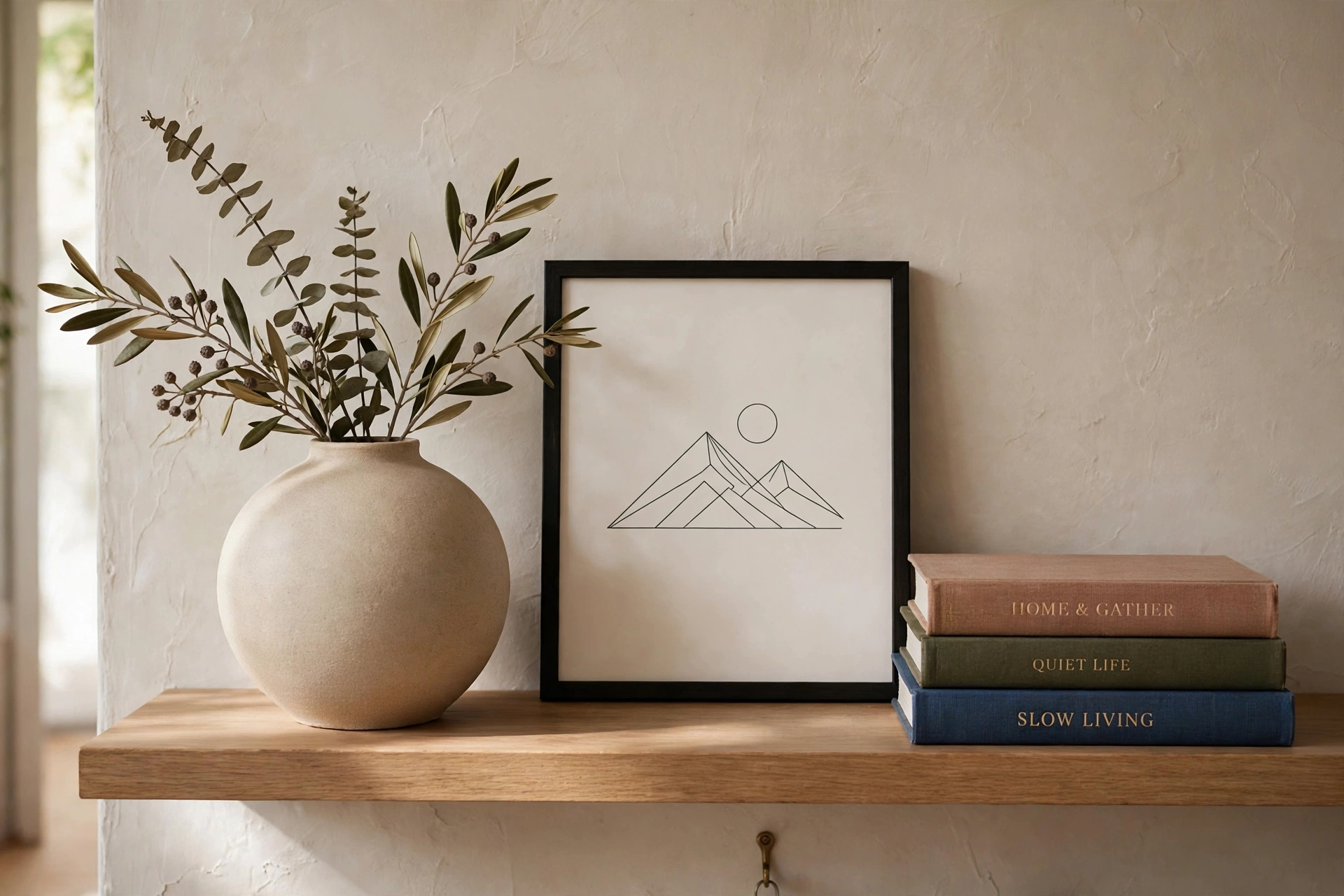 Three styled objects on an entryway shelf: a round vase, a square frame, and a short stack of books