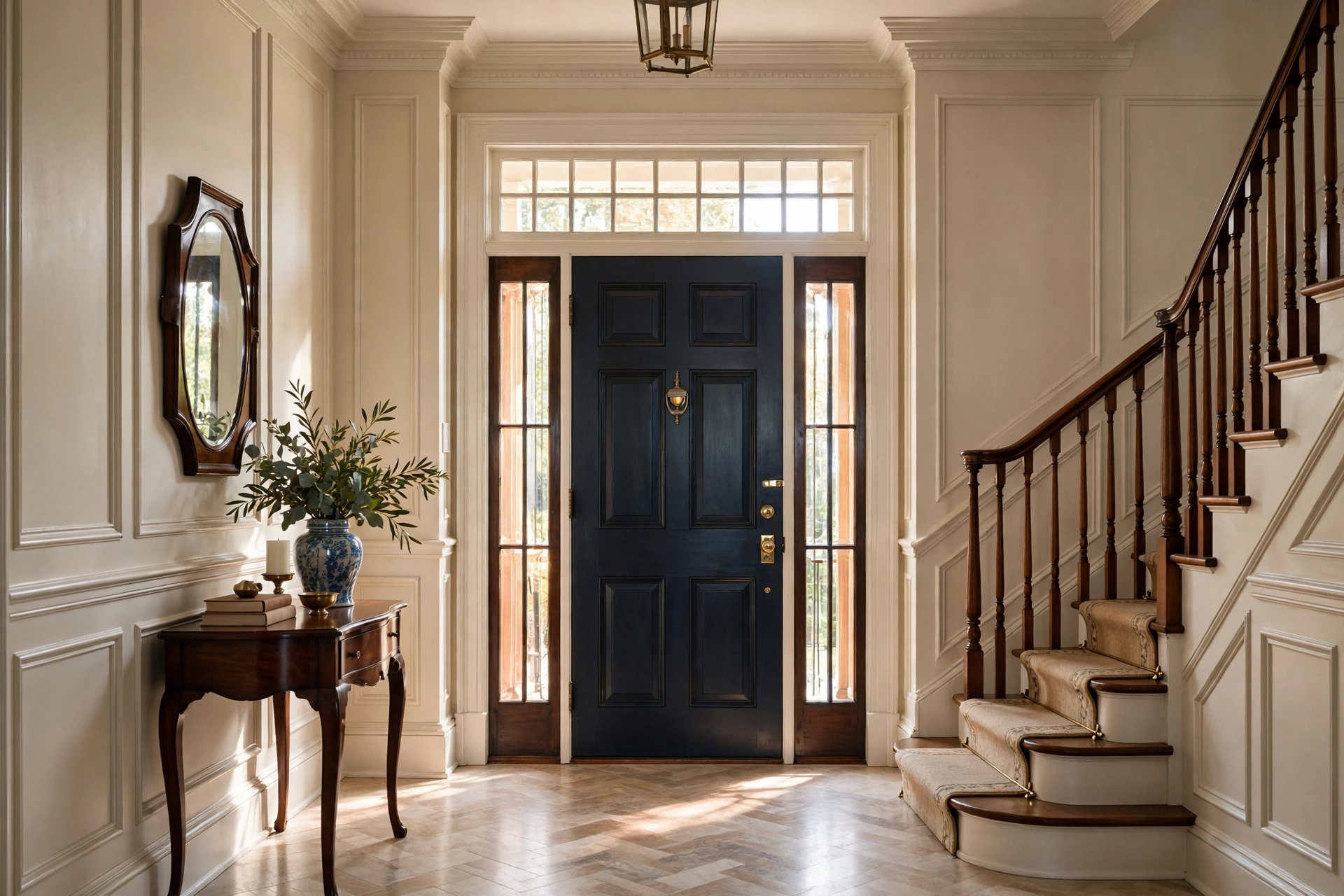 Raised panel wainscoting in a colonial style foyer with beveled panels