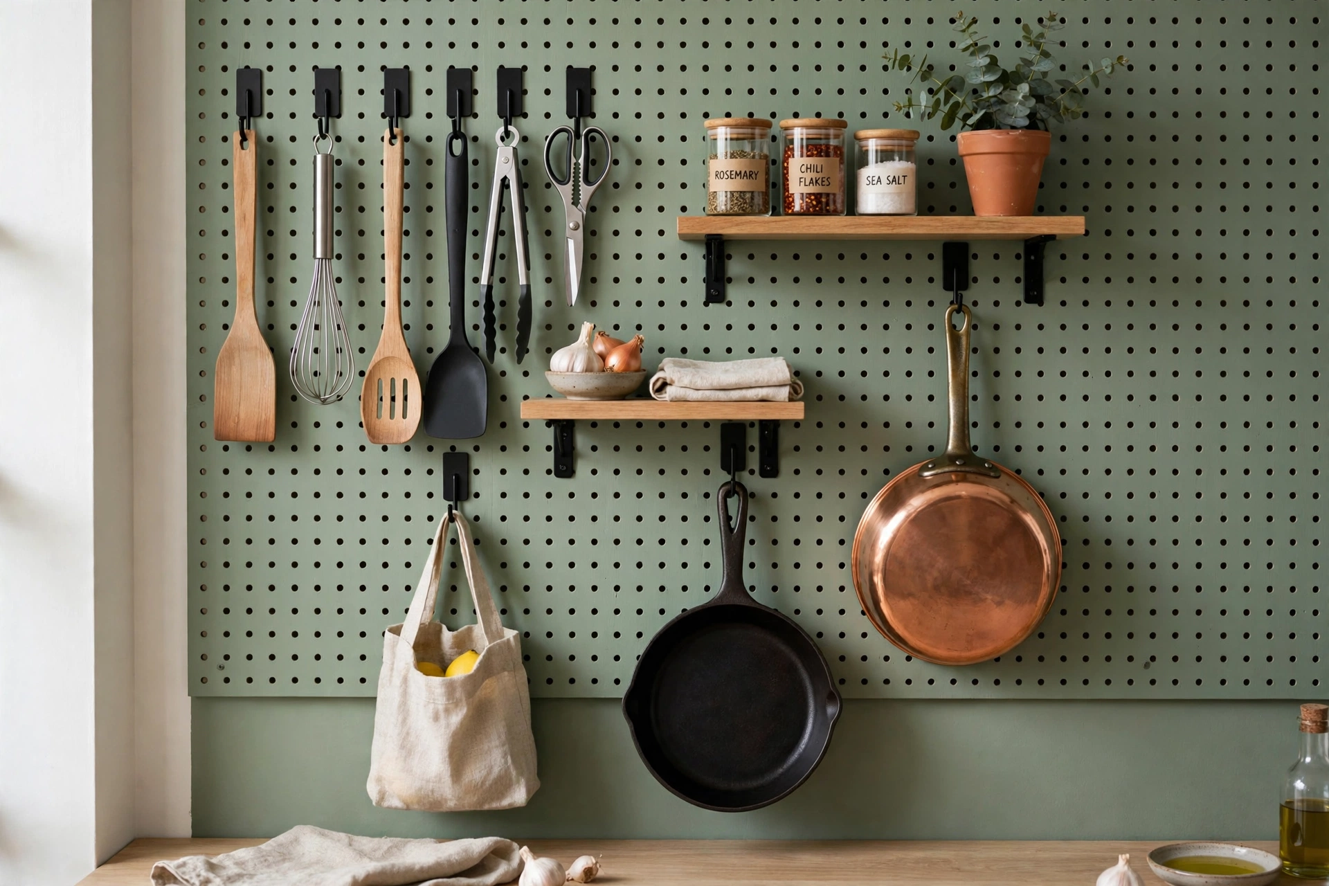 Painted pegboard wall organizing kitchen utensils pots and small shelves