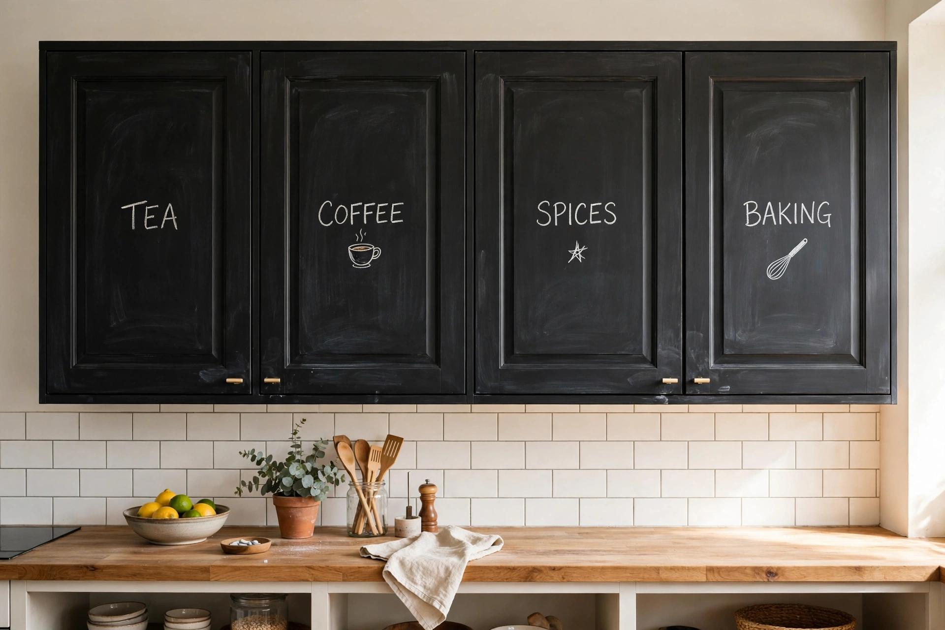 Kitchen upper cabinets painted with chalkboard paint and labeled doors