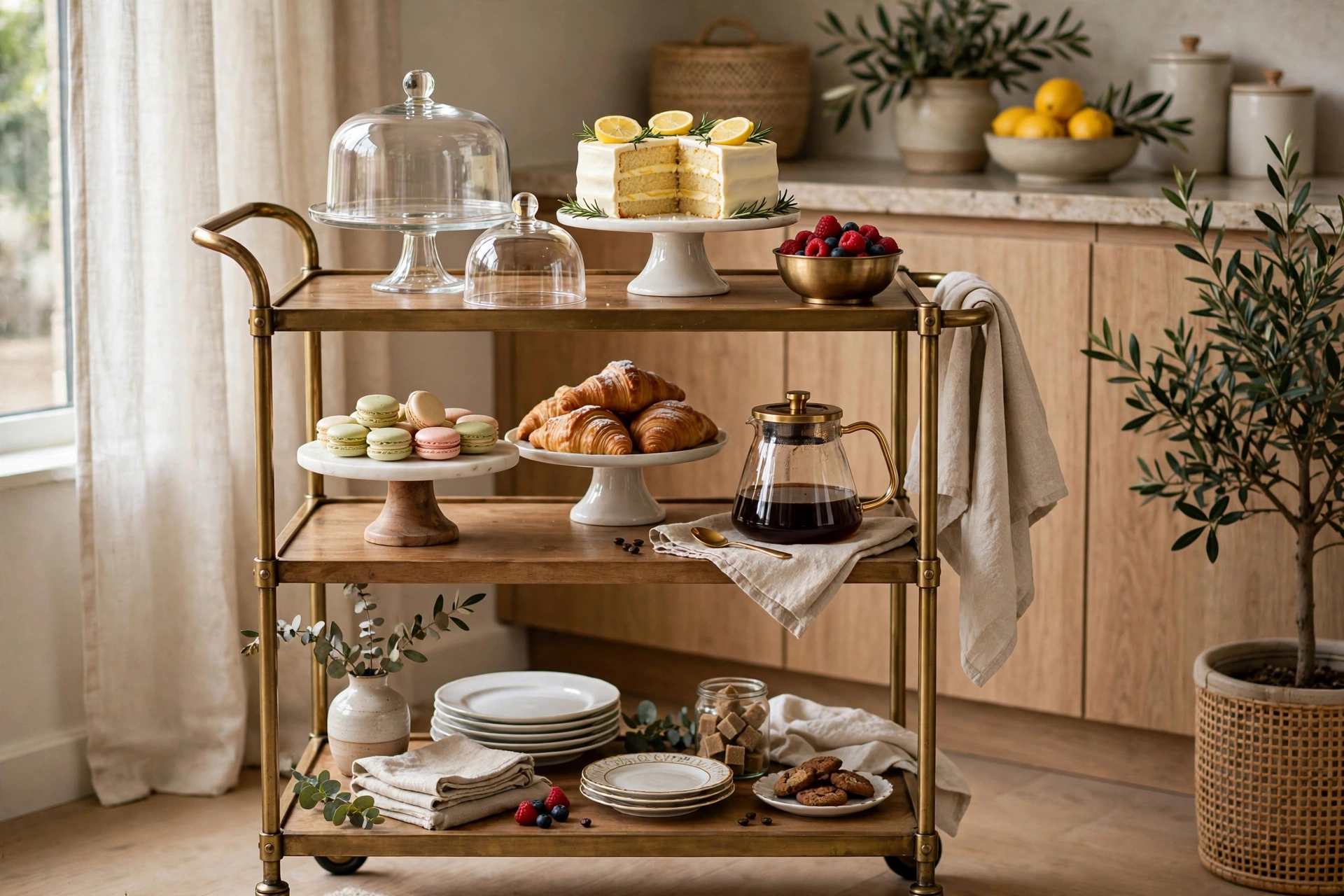 Dessert display cart with cake stand plates and coffee carafe