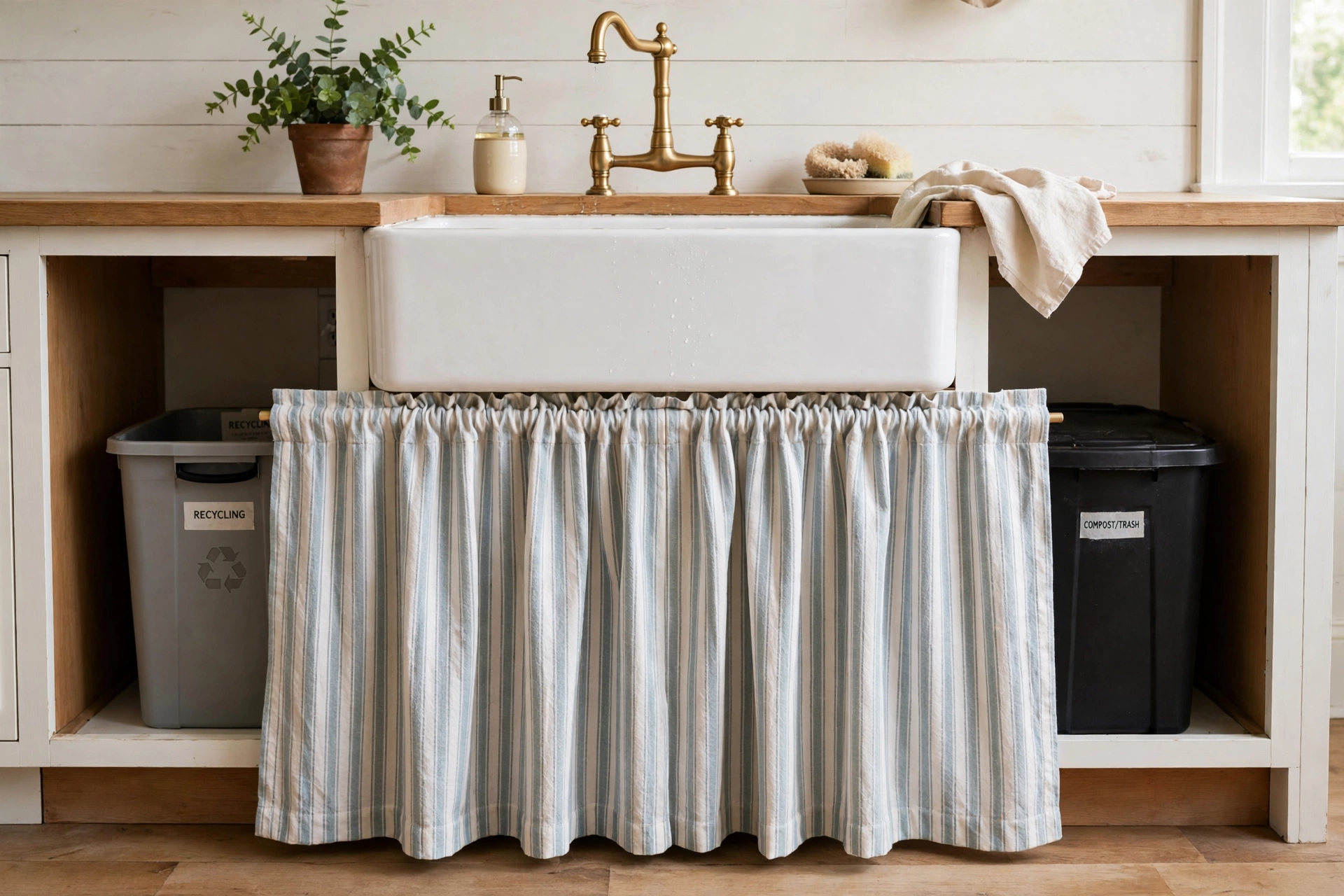 Farmhouse sink skirt curtain concealing bins under an open sink base