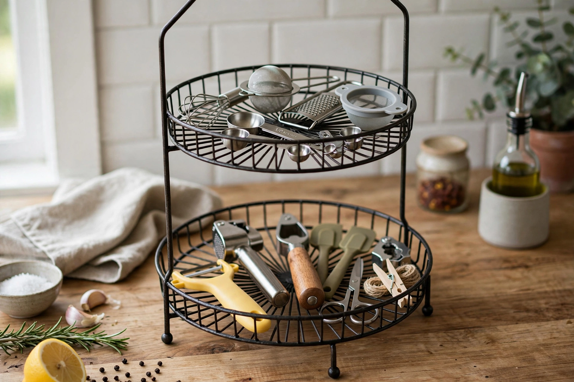 Two tiered metal stand repurposed for small kitchen gadgets and tools