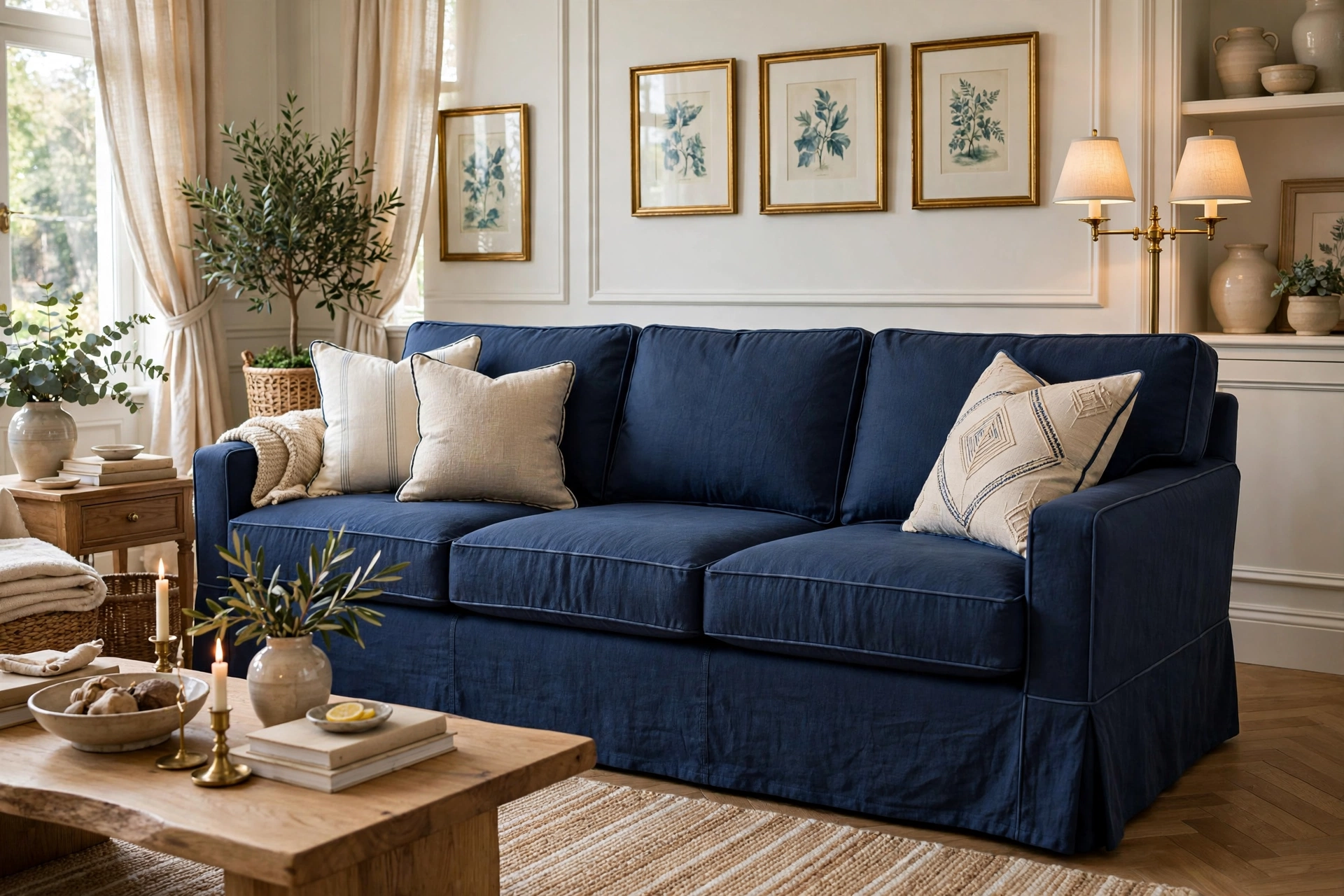 Tailored navy slipcover sofa with piped seams in an elegant living room