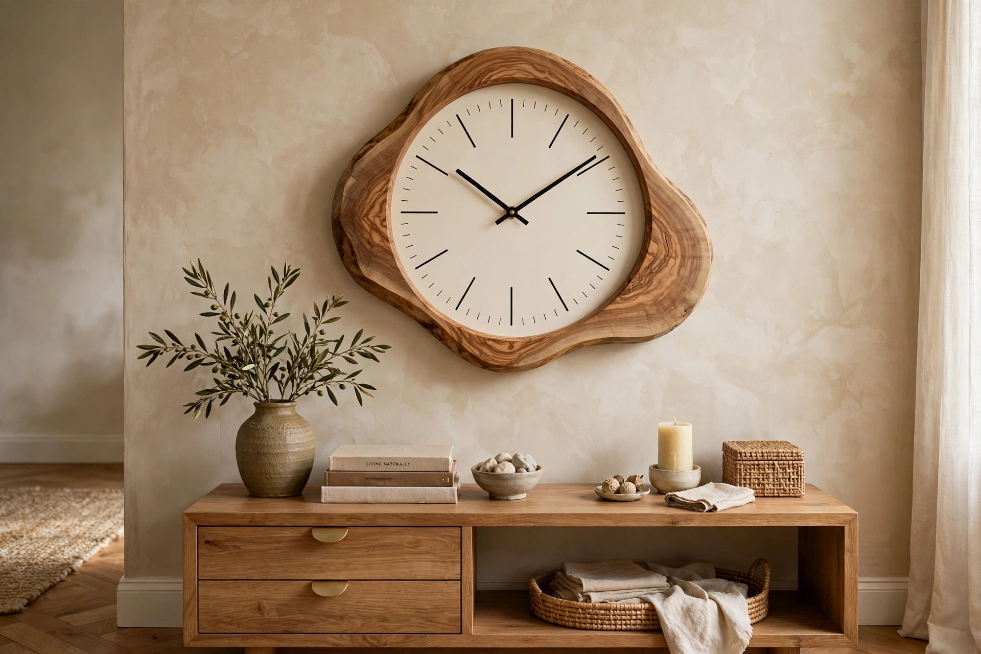 Arched wall clock with an unusual shape above a console table
