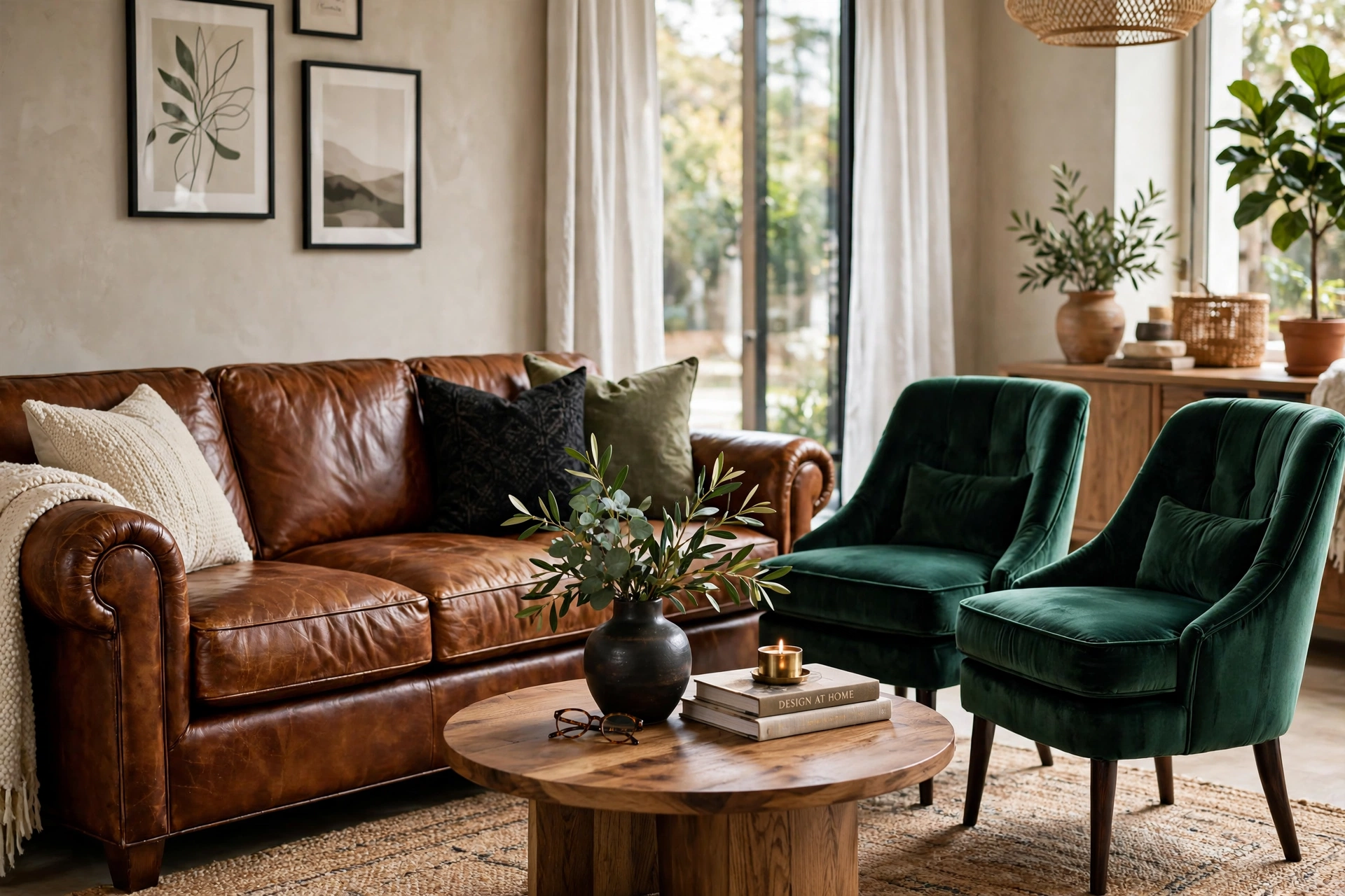 Cognac leather sofa contrasted with emerald velvet accent chairs