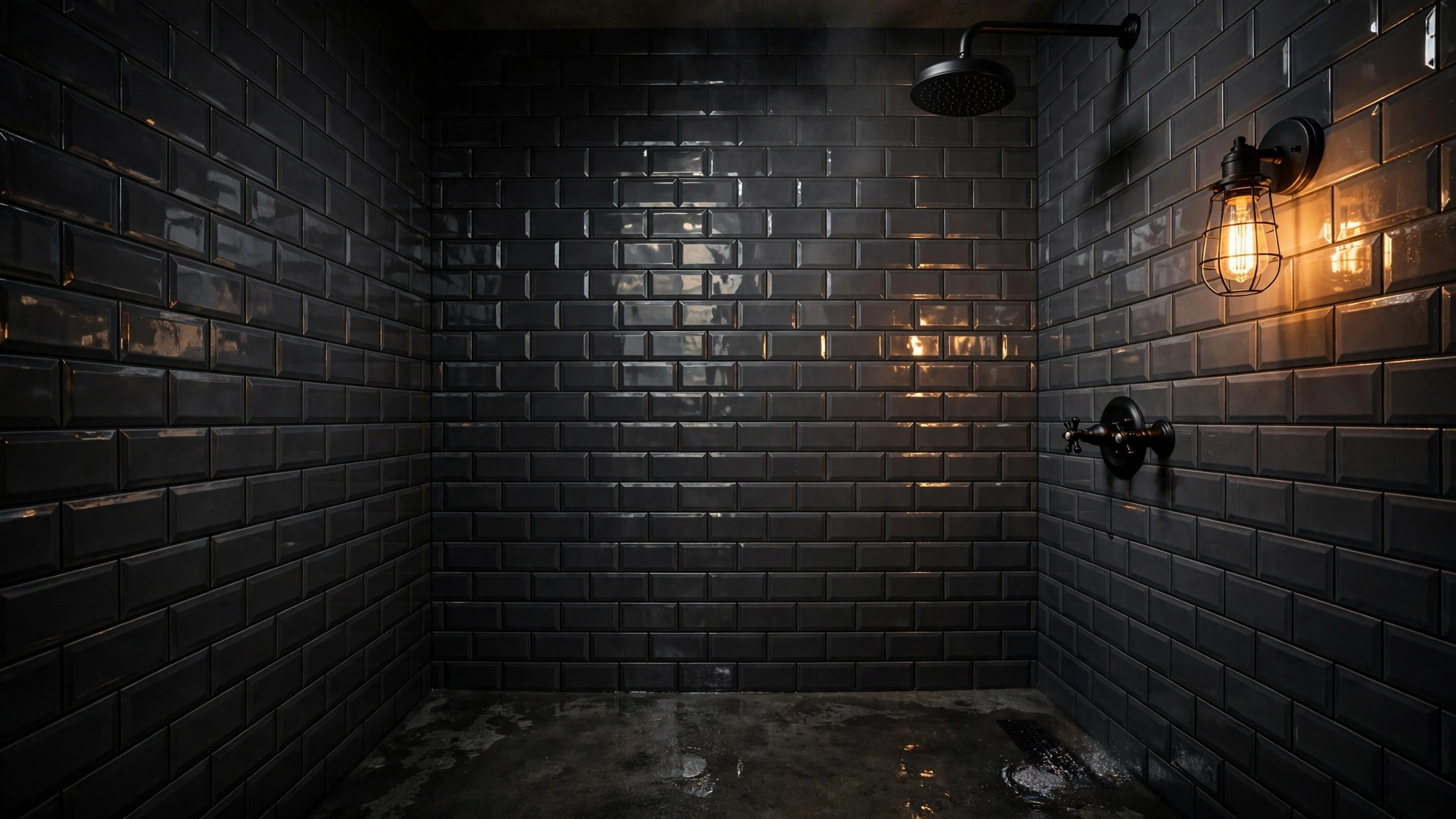 Charcoal subway tile shower with black grout, matte black rain head, and Edison cage sconce