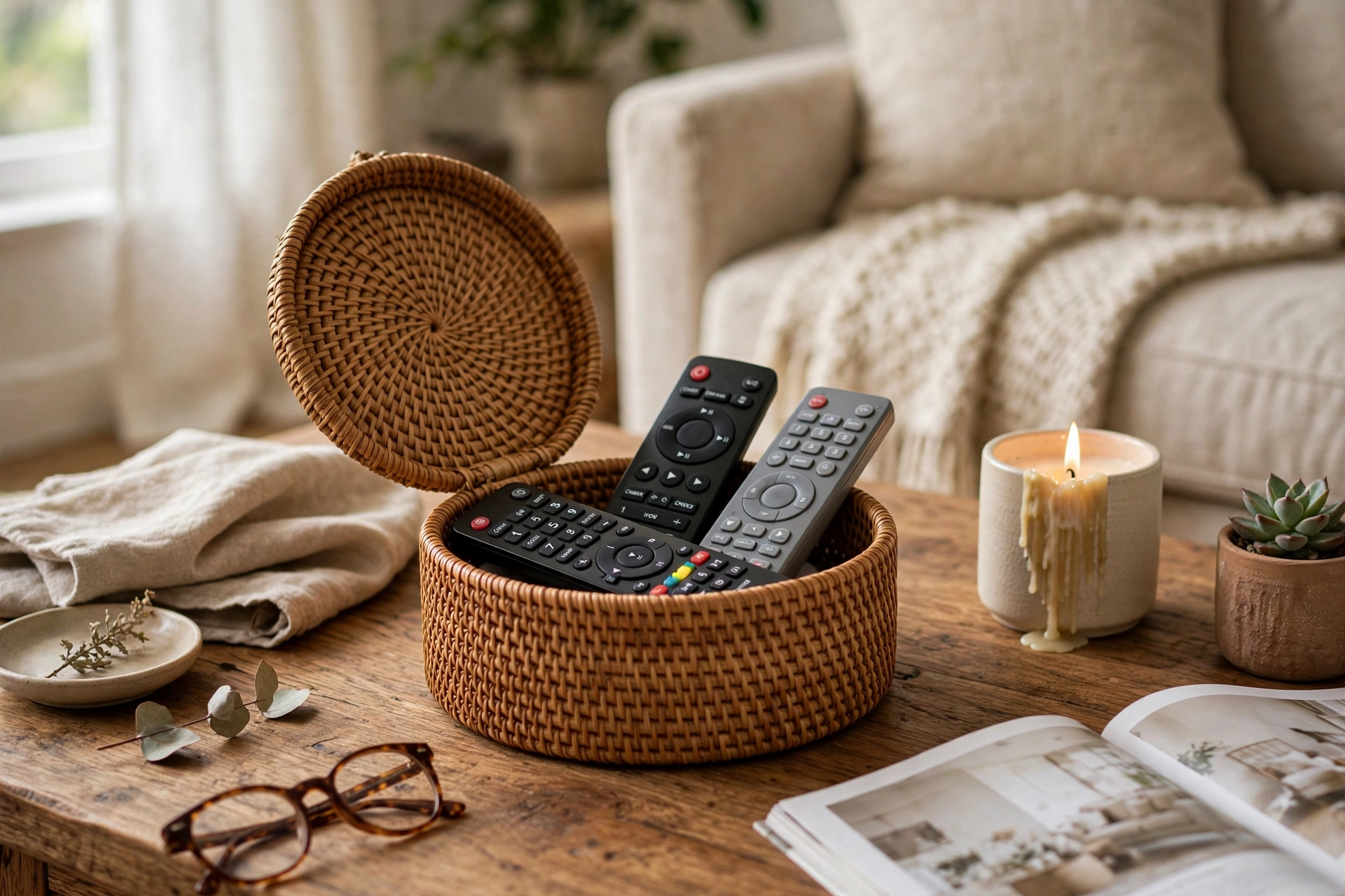Small lidded basket organizing remote controls on a coffee table