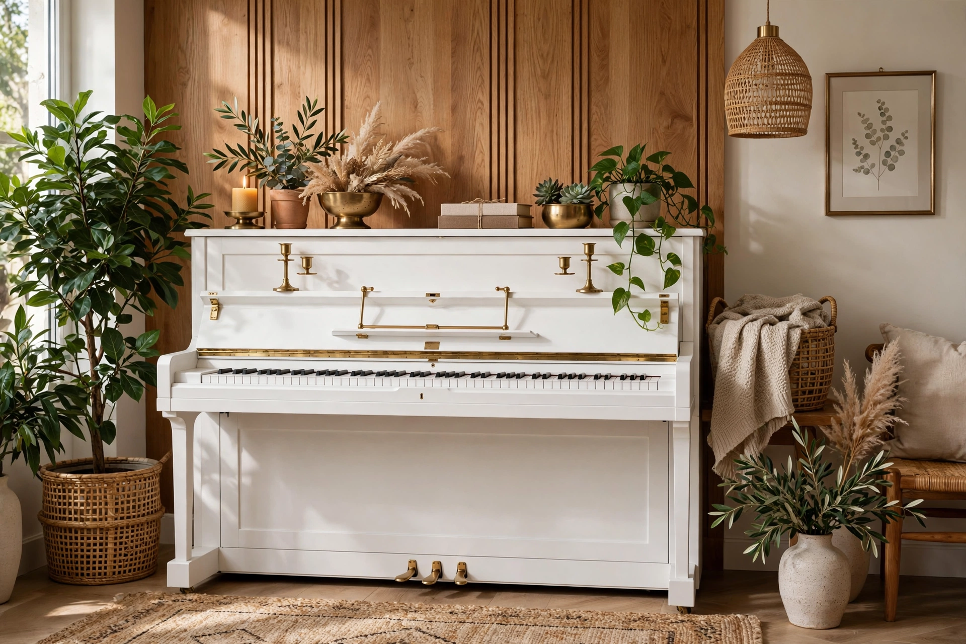 White piano warmed with natural textures plants and brass accents
