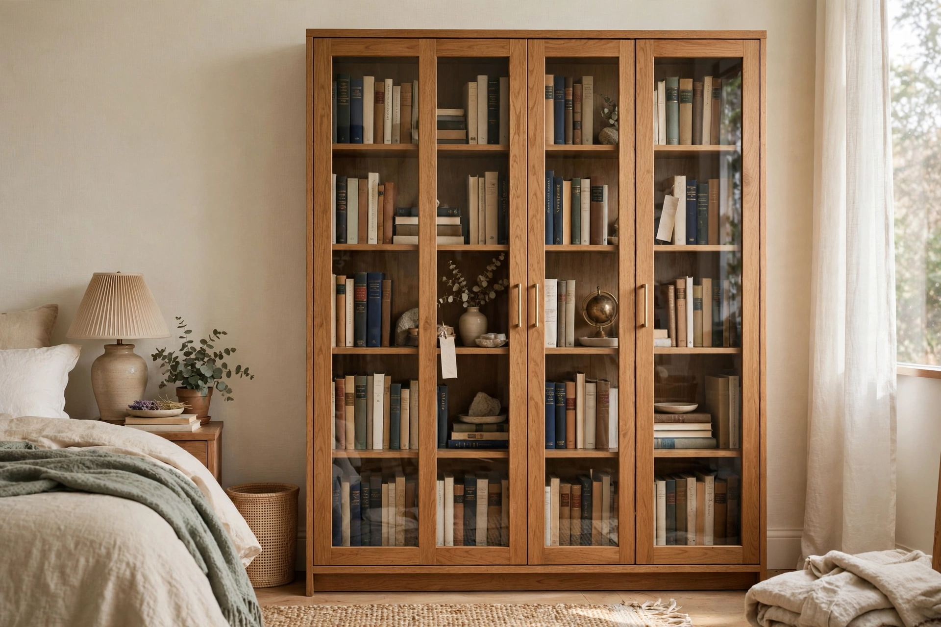 Glass-fronted bookcase with doors keeping bedroom books dust-free