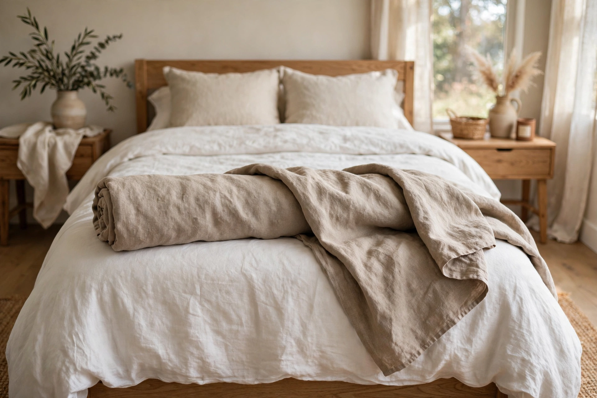 Loosely rolled linen throw blanket placed across the foot of a bed