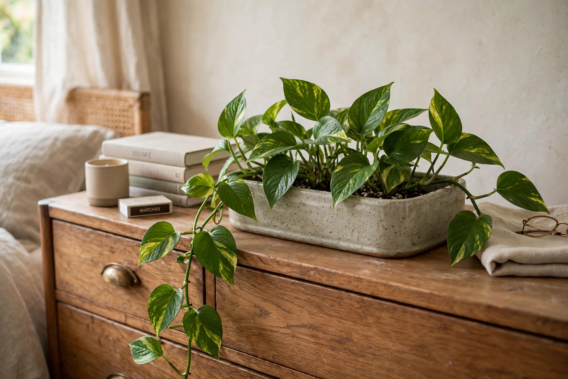 Trailing pothos plant in a ceramic tray on a bedroom dresser