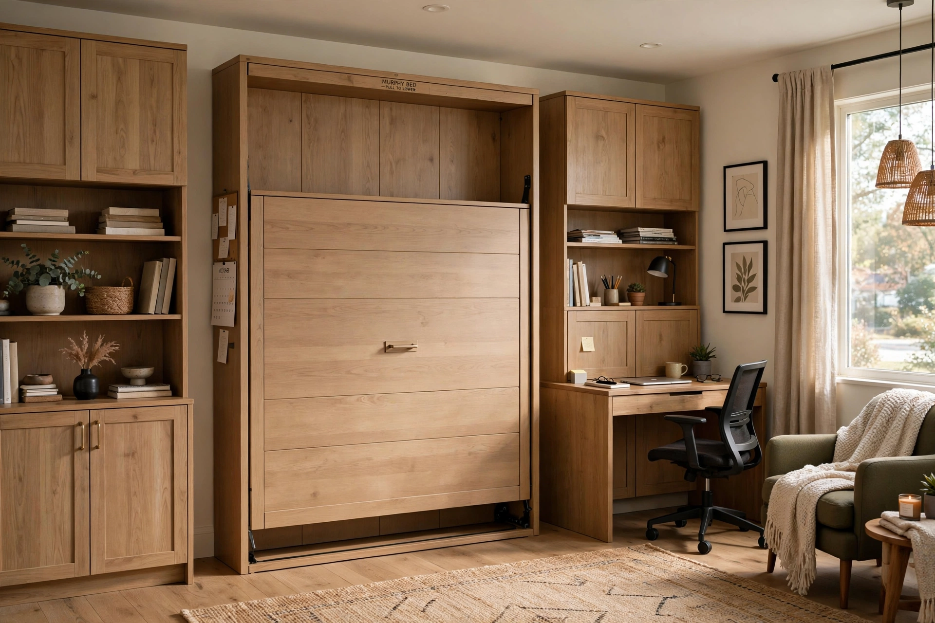 Murphy wall bed with side storage cabinets in a home office bedroom