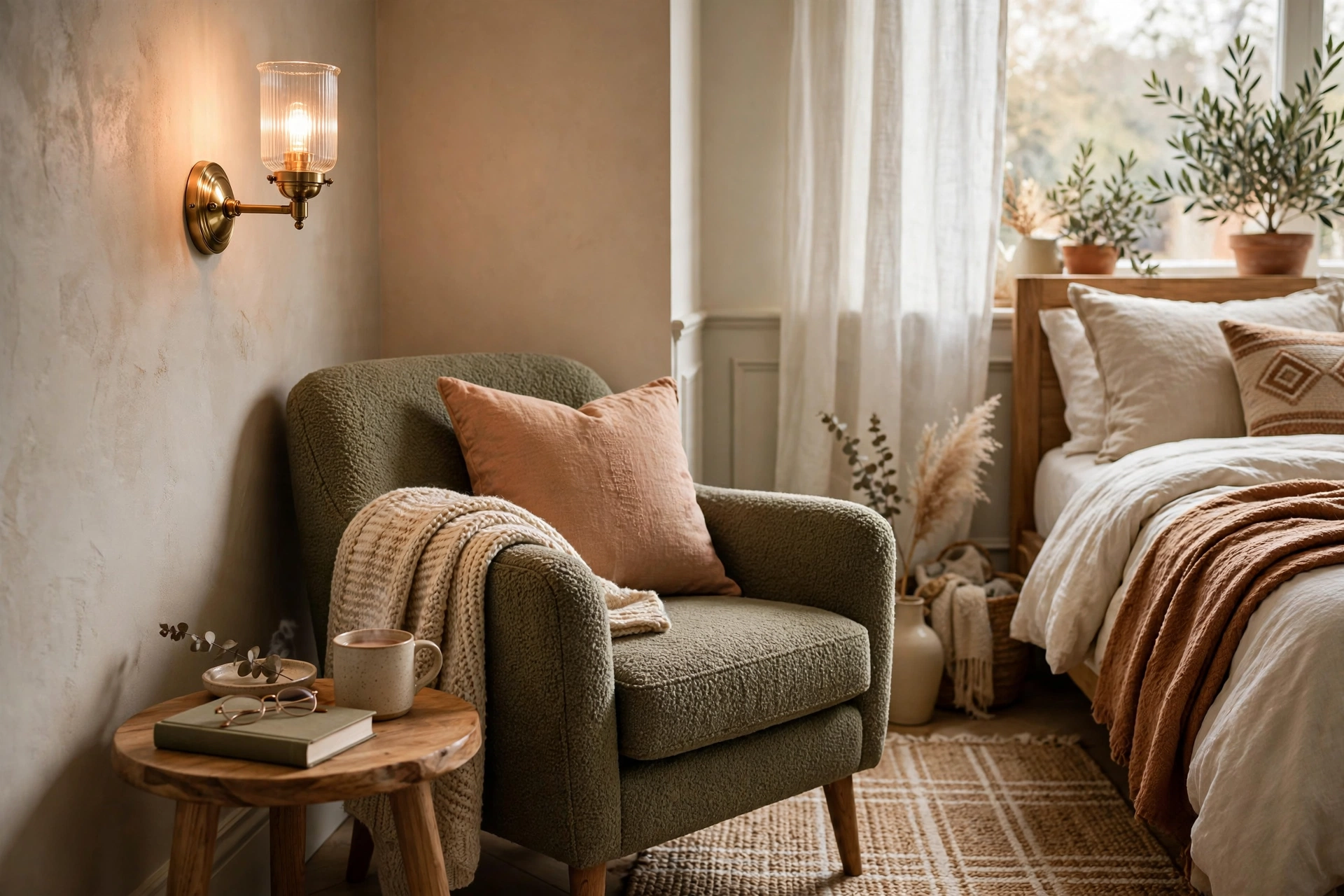 Wall sconce beside an armchair in a cozy bedroom reading nook