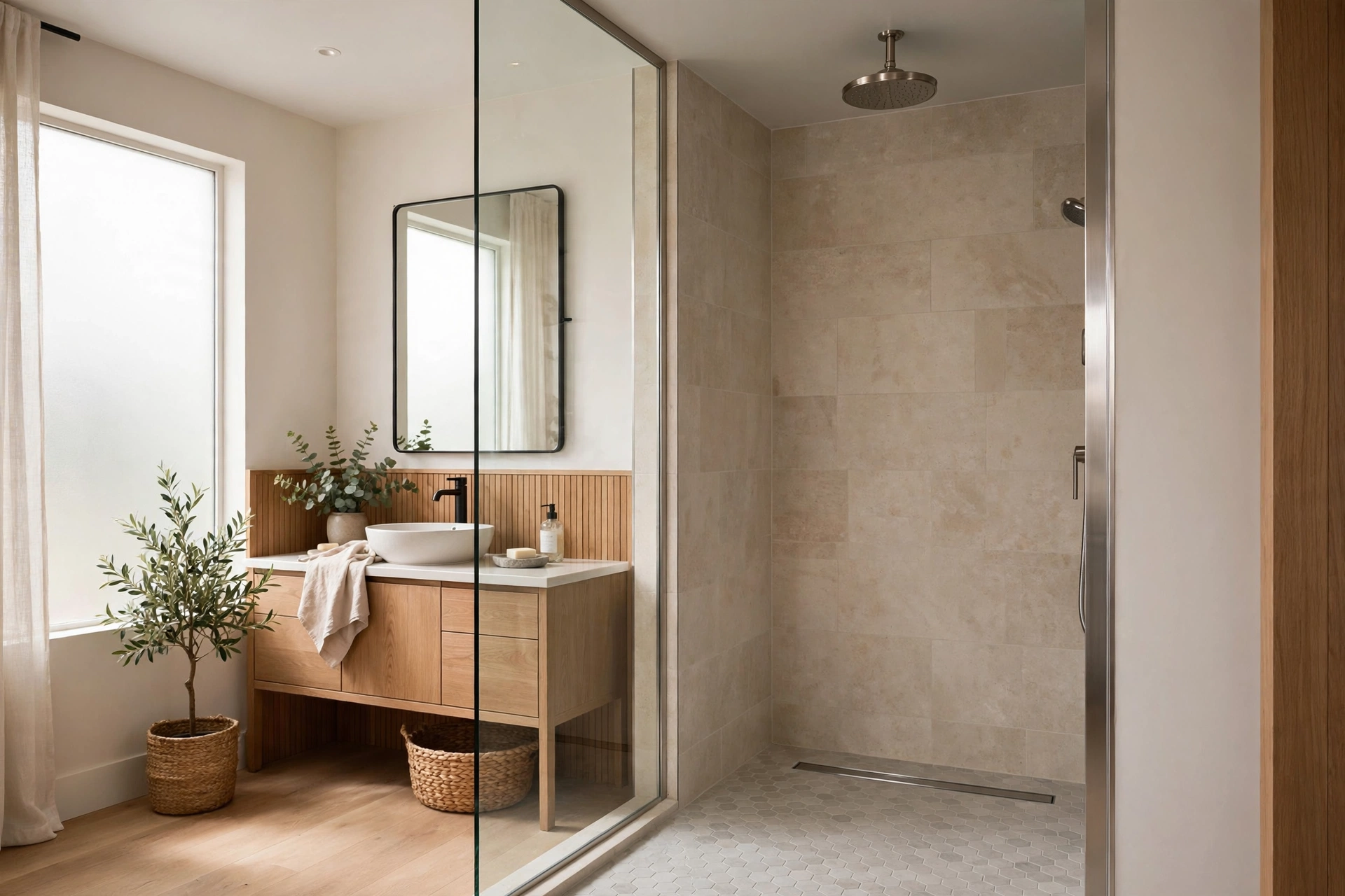 Doorless walk in shower with fixed glass panel and linear drain