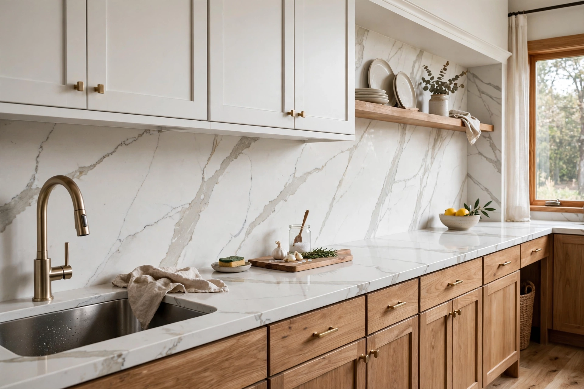 Quartz countertop material extended up the wall as a seamless backsplash