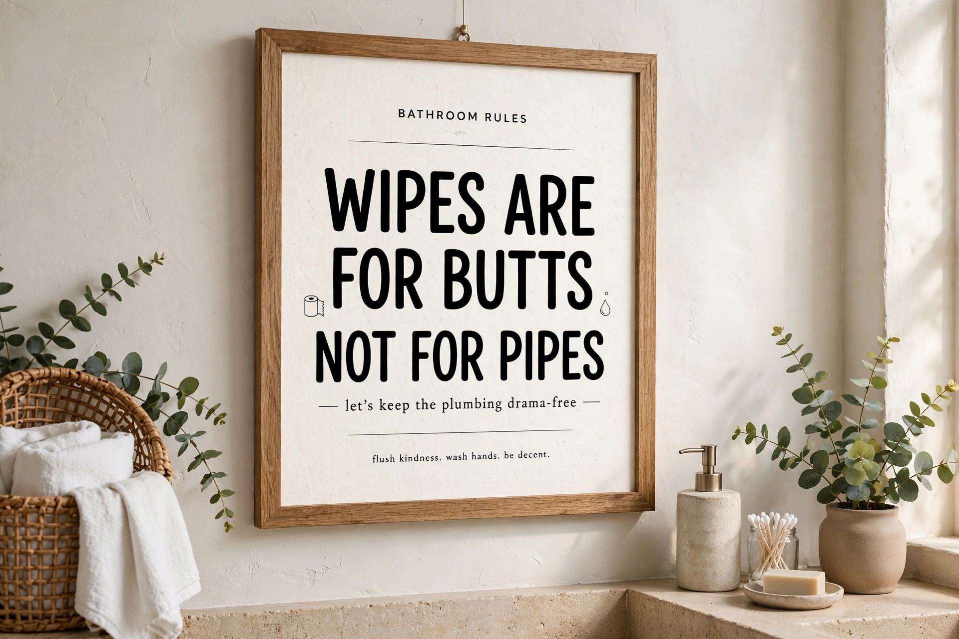 Witty typography art print with a bathroom humor quote in a frame