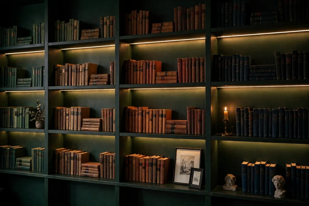 Dark back-painted bookshelves styled with books, brass and warm shelf lighting