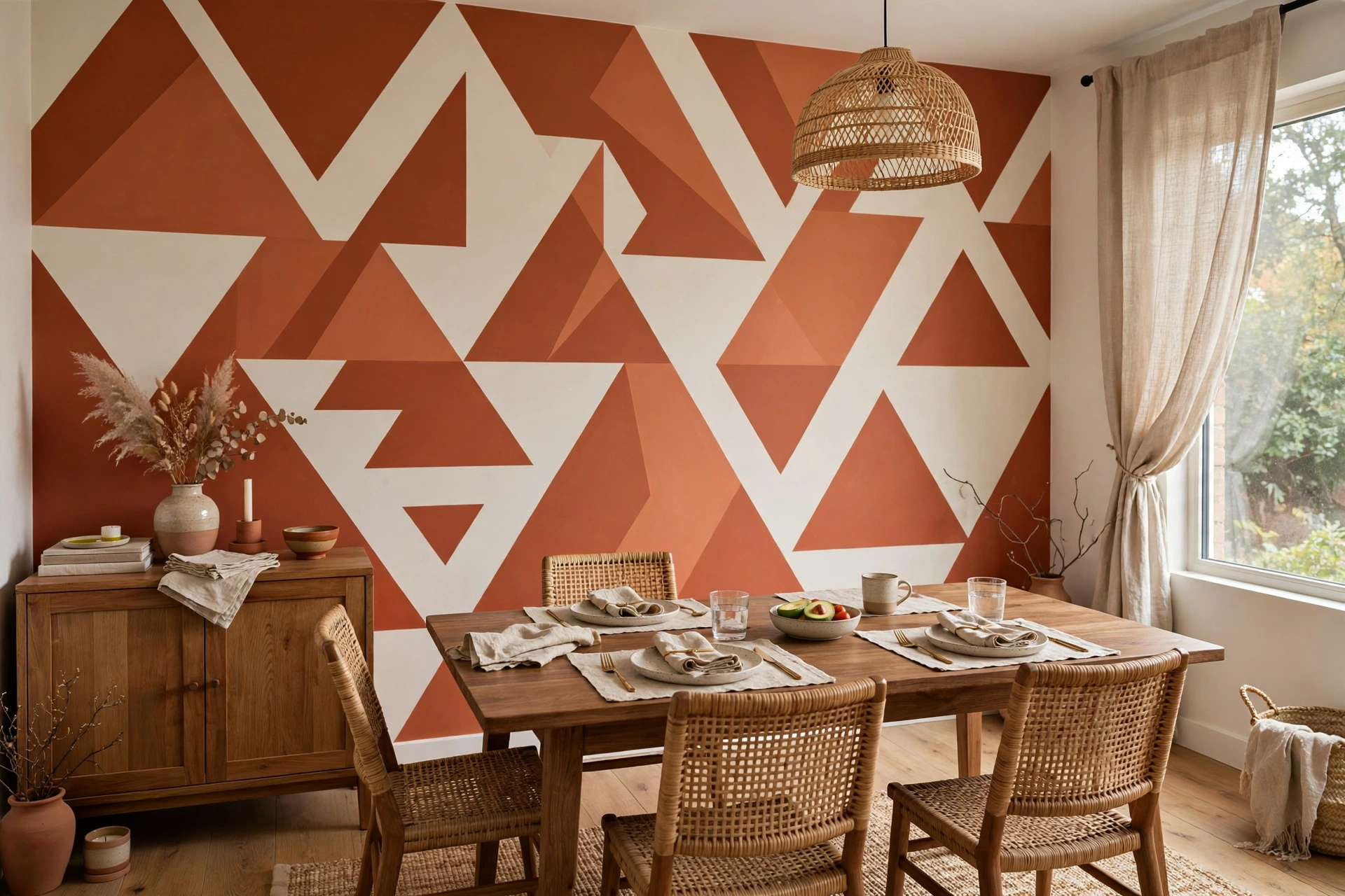 Bold geometric painted pattern in terracotta on a dining room wall