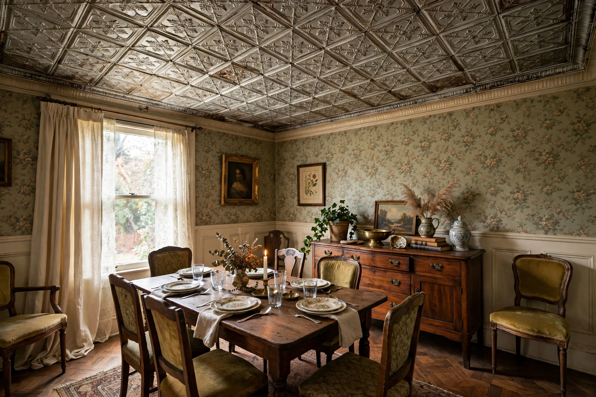 Vintage dining room with pressed tin tiles on the ceiling